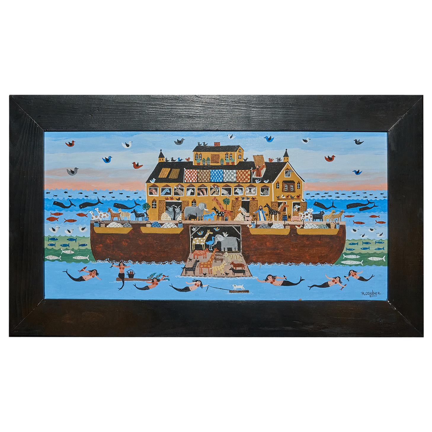 Painting of Noah's Ark and Mermaids, Signed Rosebee, 2000