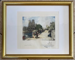 Painting of Notre Dame Cathedral by Henri le Riche, Art Deco Parisian Painting