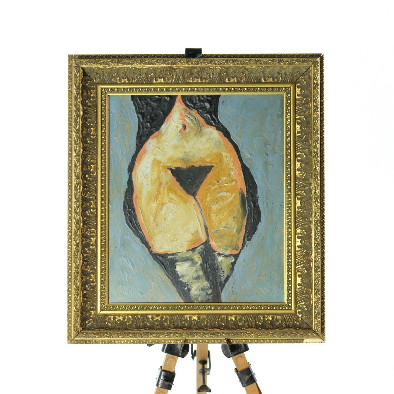 Impressive painting of a nude woman framed in original gold colored frame. The painting is on wood board. The painter is unknown to us. We bought the piece from a collection of a well established Jewish family in Bratislava. The collector who passed