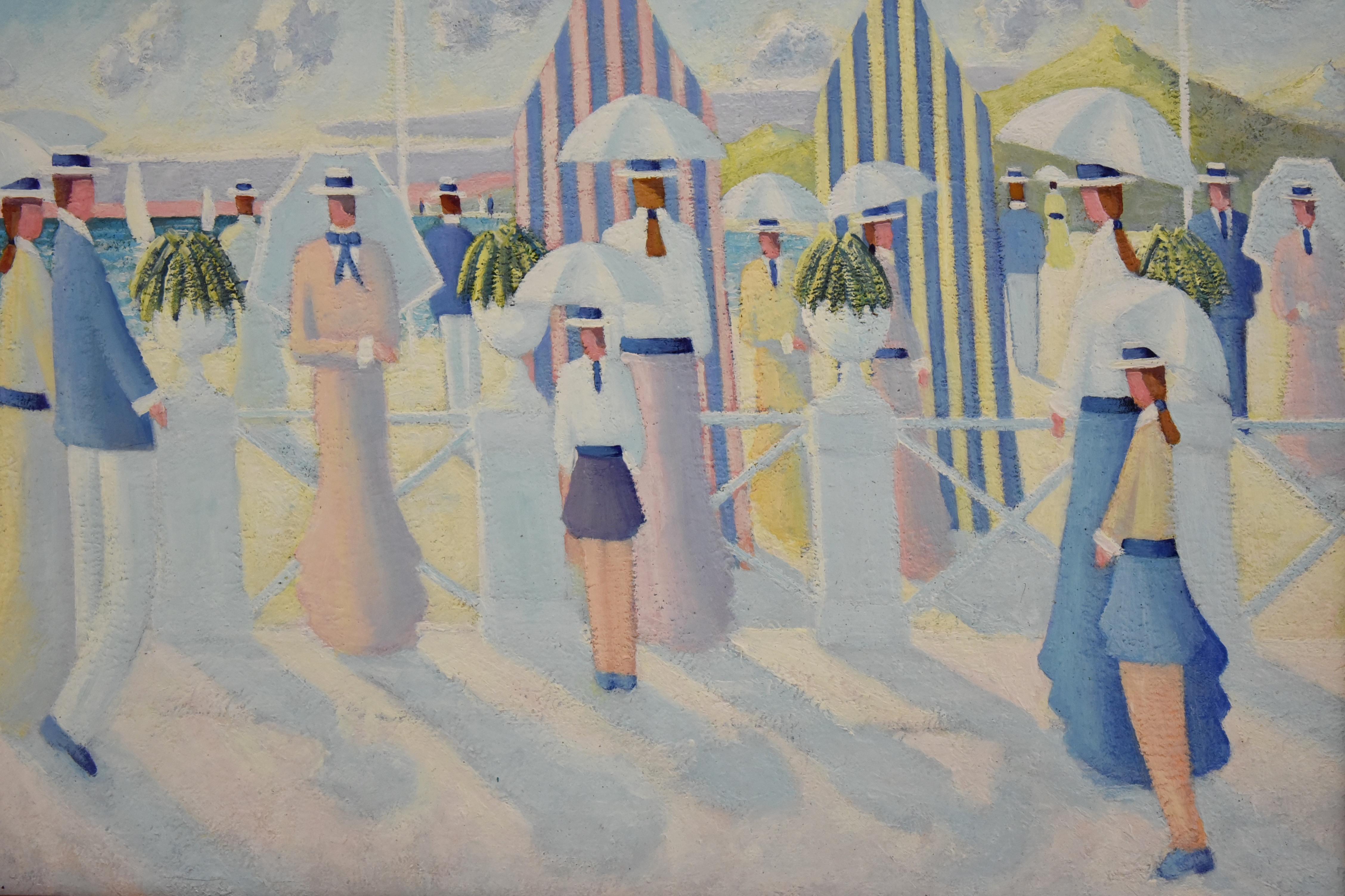 Mid-Century Modern Painting of People on the Beach Promenade Deauville France by Paul Frans