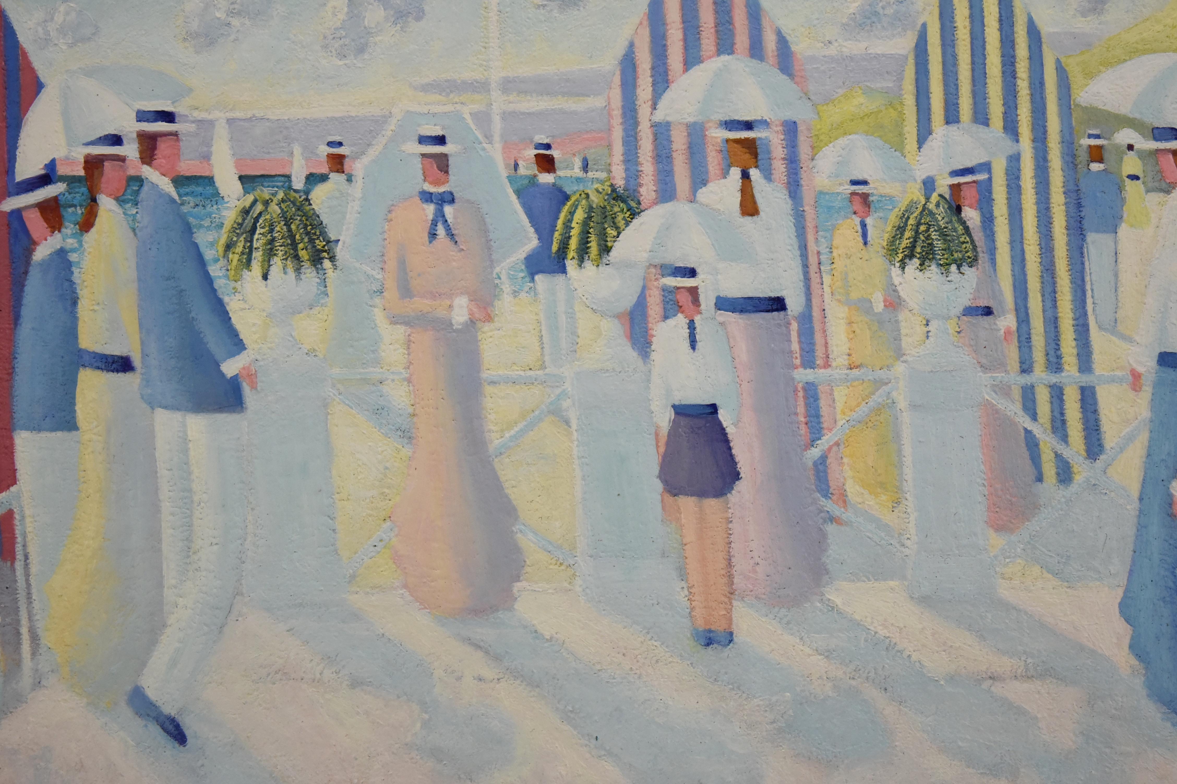 Belgian Painting of People on the Beach Promenade Deauville France by Paul Frans