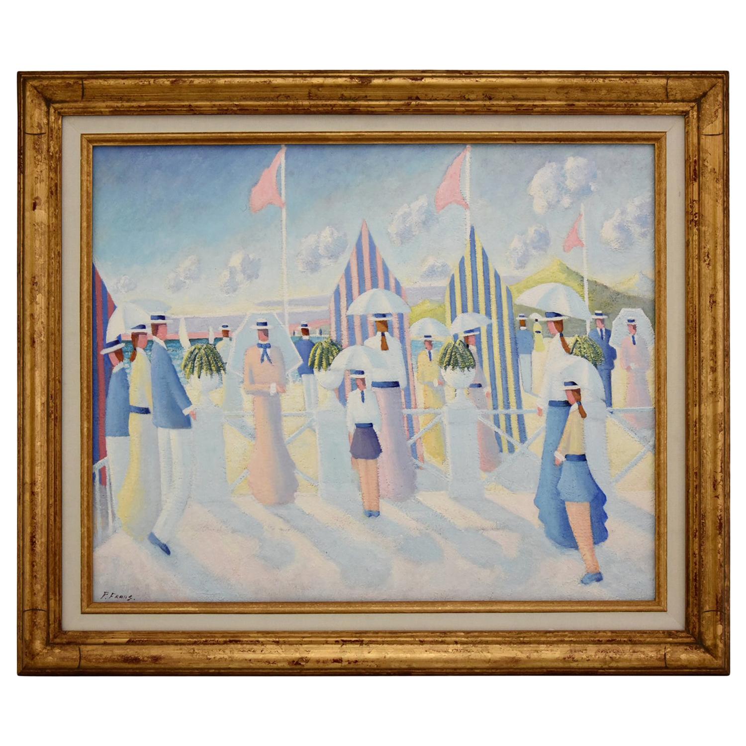 Painting of People on the Beach Promenade Deauville France by Paul Frans