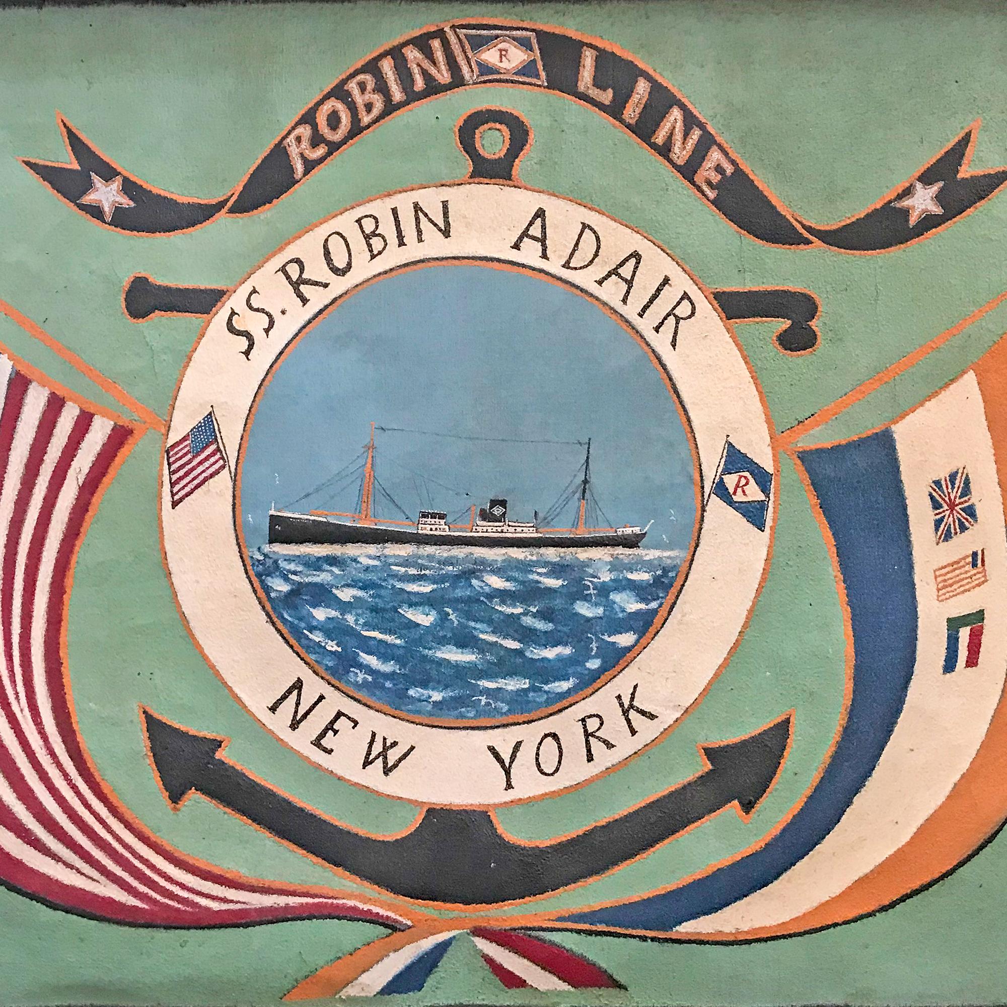 “S.S. Robin Adair” of the Robin Line
Depicting the ‘Robin Adair’ framed in a life
ring with anchor and streaming flags over
a green ground, circa 1920
Oil on canvas in a gold frame with a black liner

The Robin Line consisted of the Robin