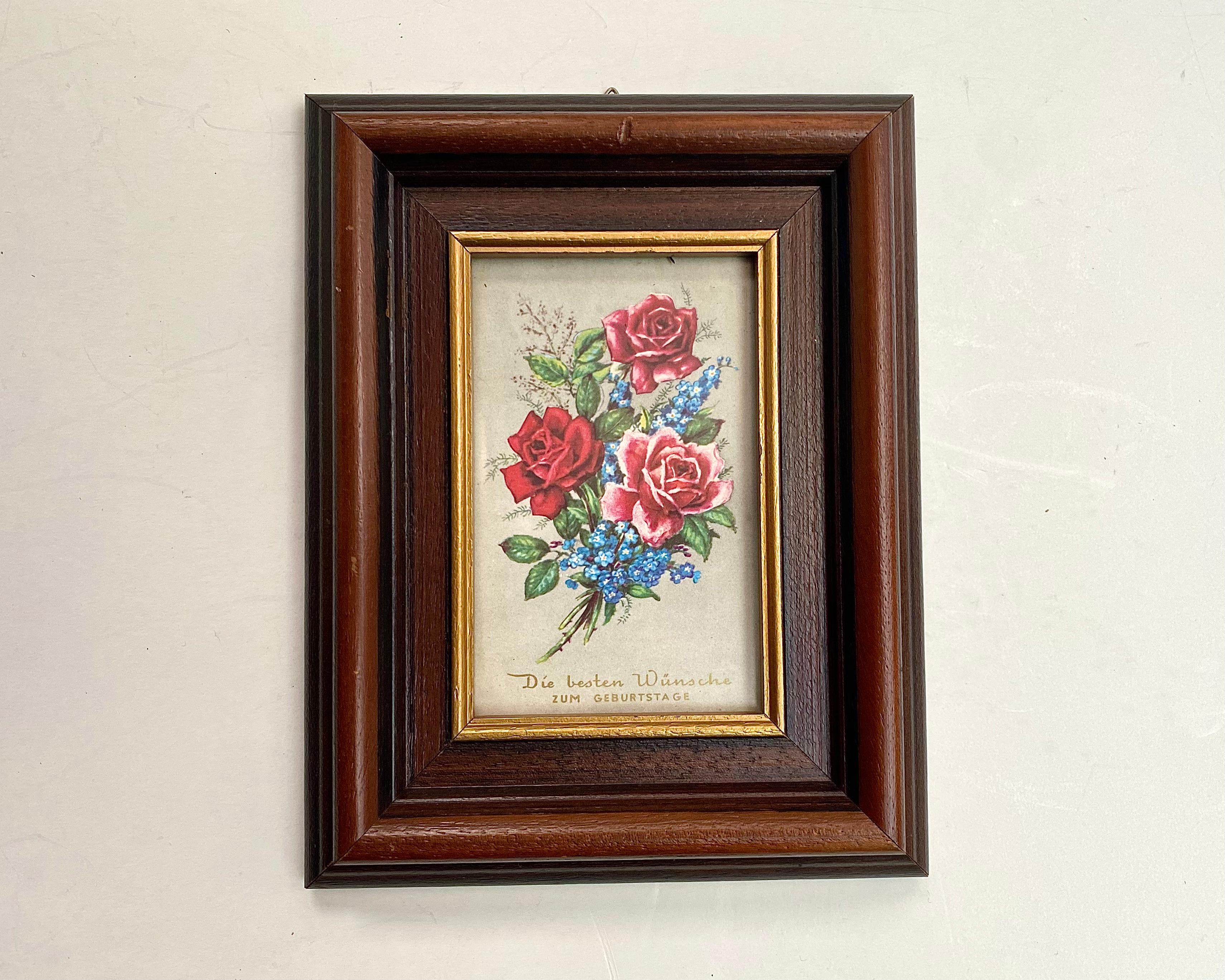Belgian Painting of Roses Framed Shabby Chic Style Vintage Wall Decor Floral For Sale