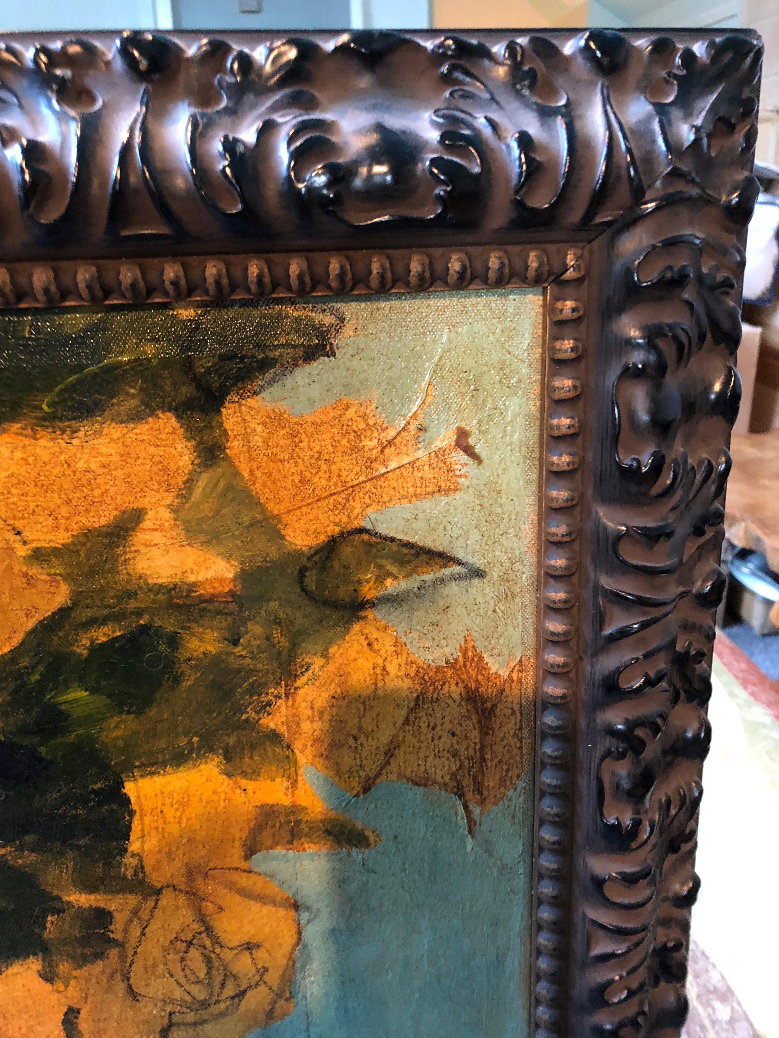 Subject matter is a rich still life of 3 vases filled with roses in shades of gold, cream and turquoise with two oranges in the foreground. Custom carved wood frame. Signed lower right.