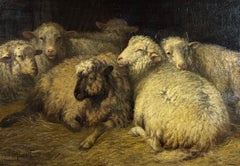 Painting of sheep in a barn by D. van Lokhorst, 19th century