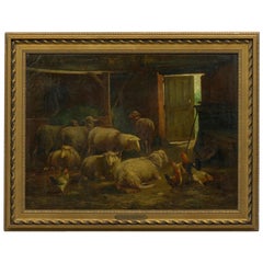 Painting of Sheep in Barn by Cornelis Van Leemputten, Belgian, 1841-1902