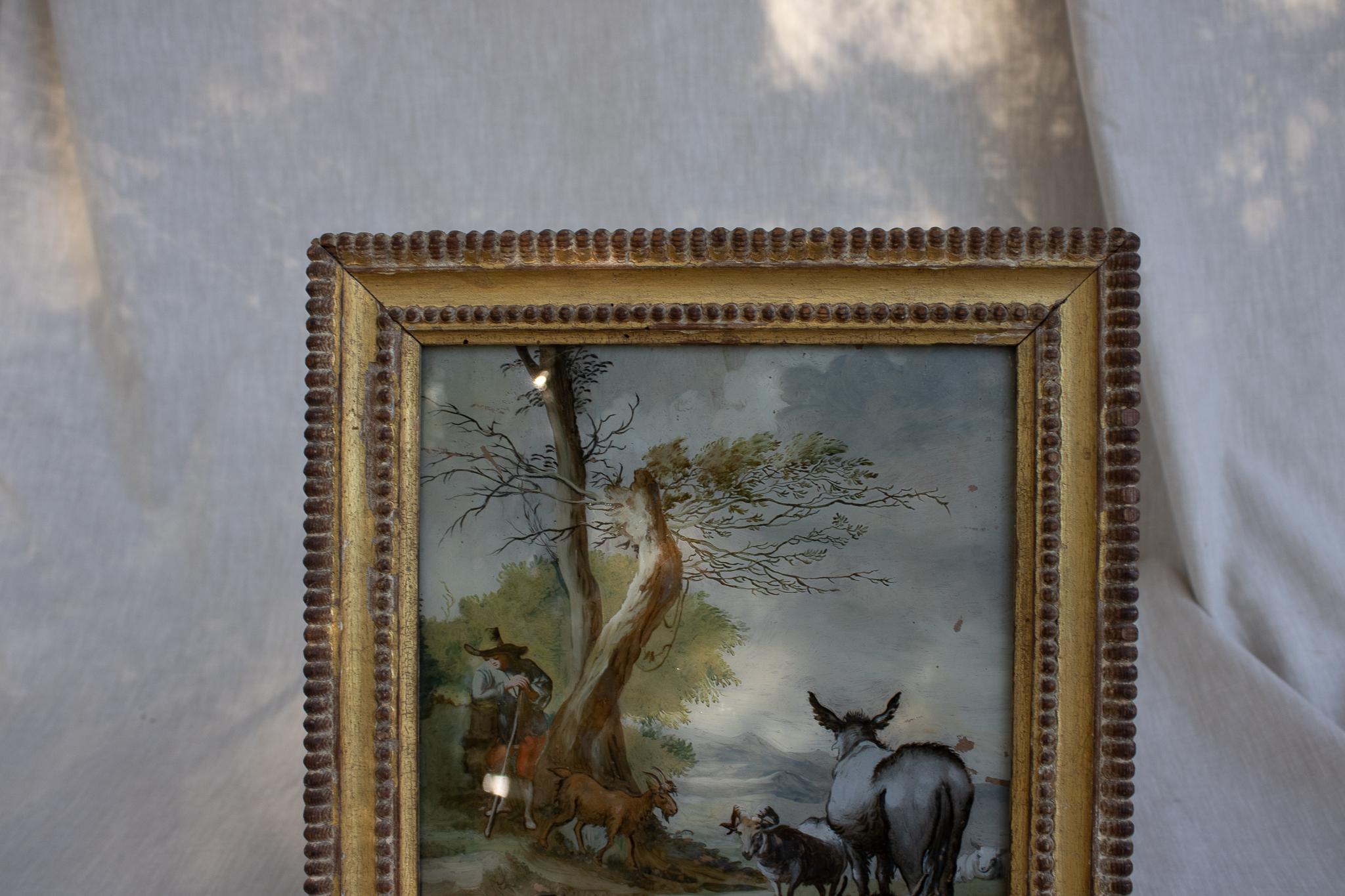 Hand-Painted Late XVIII Century Glass Painting of Sheperd on a Bucolic Scene For Sale