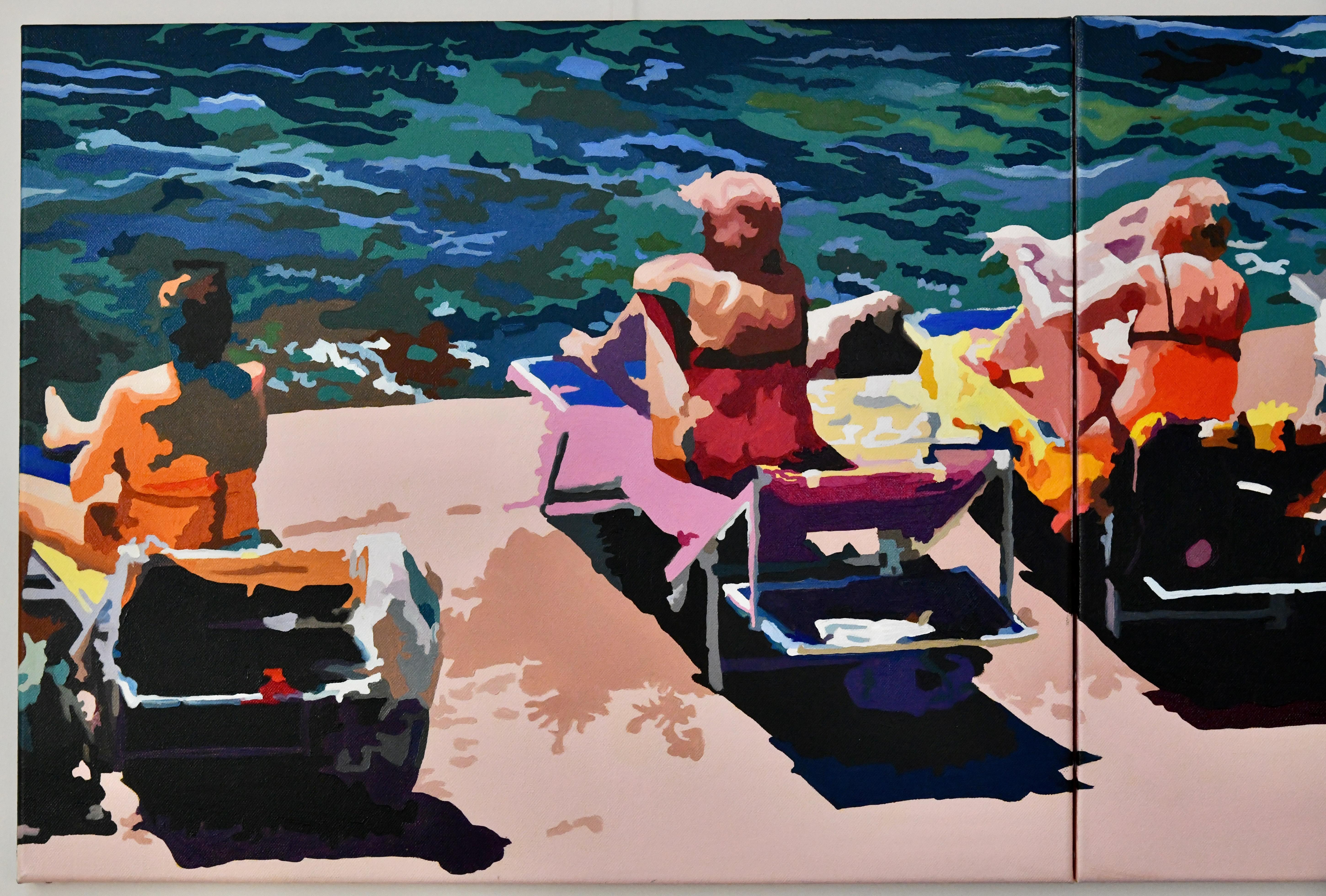 Pittura di bagnanti LE BAIN DE SEPTEMBRE. 
Di Carole Grandgirard, titolo e firma sul retro della tela. 
Olio su tela. 
Contemporary, Francia 2024. 