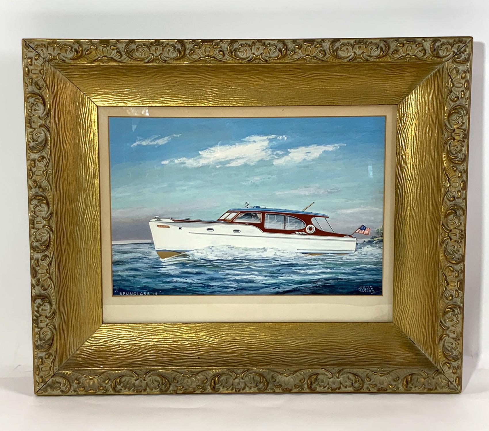Peinture de yacht encadrée, réalisée par le célèbre illustrateur Jan Austin Taylor. Cette gouache montre le bateau naviguant sur une mer calme avec son capitaine à la barre. Le navire arbore un pavillon de yacht à l'arrière. Une bouée de sauvetage