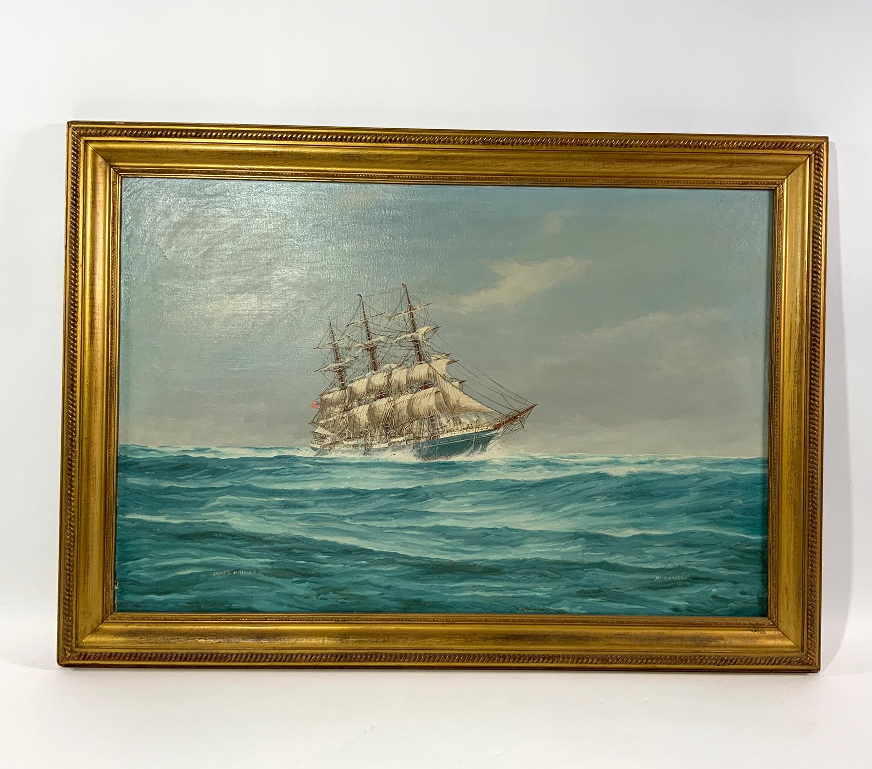 Painting of the clipper chip James Baines by Jarnold of Nantucket. Ship is shown cruising through moderate seas under shortened sail. Large bright canvas. Circa 1940.