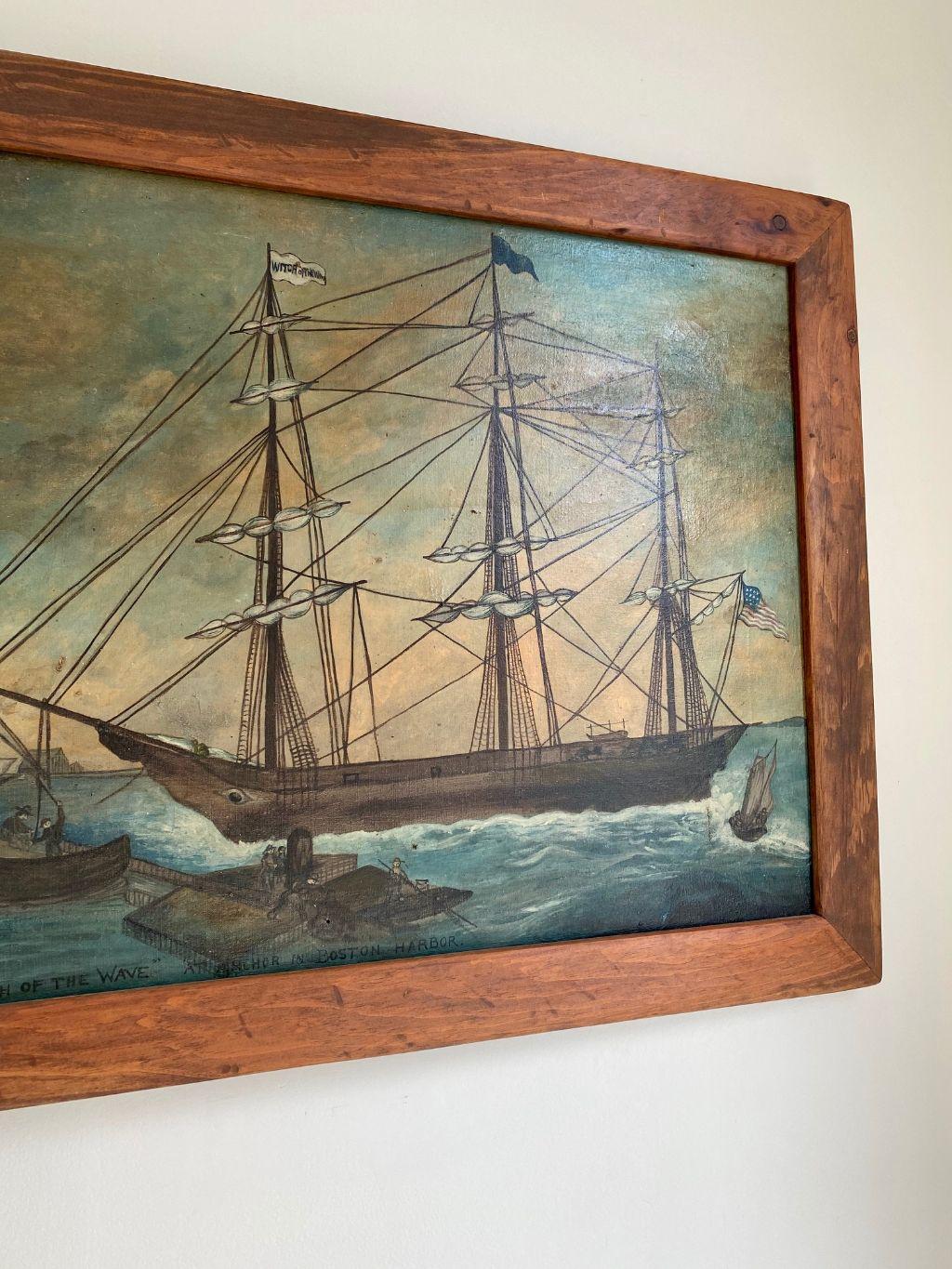 Folk Art Painting of Clipper Ship 'Witch of the Wave at Anchor in Boston Harbor' ca 1850