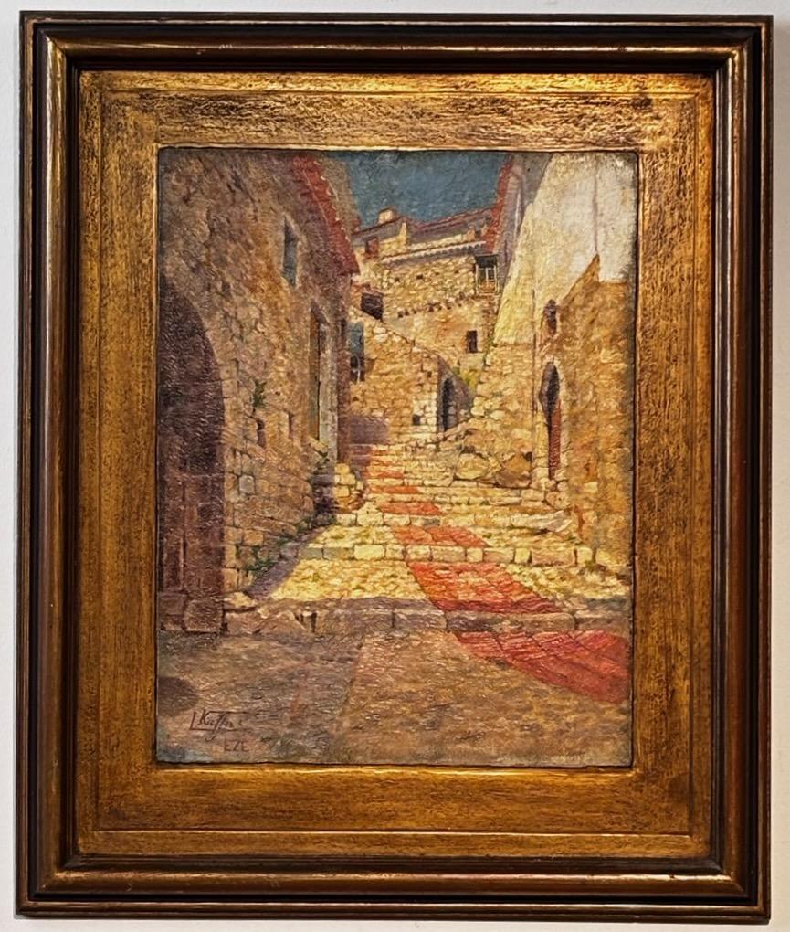Quadro dei primi del Novecento del villaggio francese di Eze, firmato Louis Kieffer.
Èze è un borgo medievale e un comune del dipartimento delle Alpi Marittime in Francia. Si trova sulla Costa Azzurra, a nord-est di Nizza e a ovest di Monaco. 
Olio