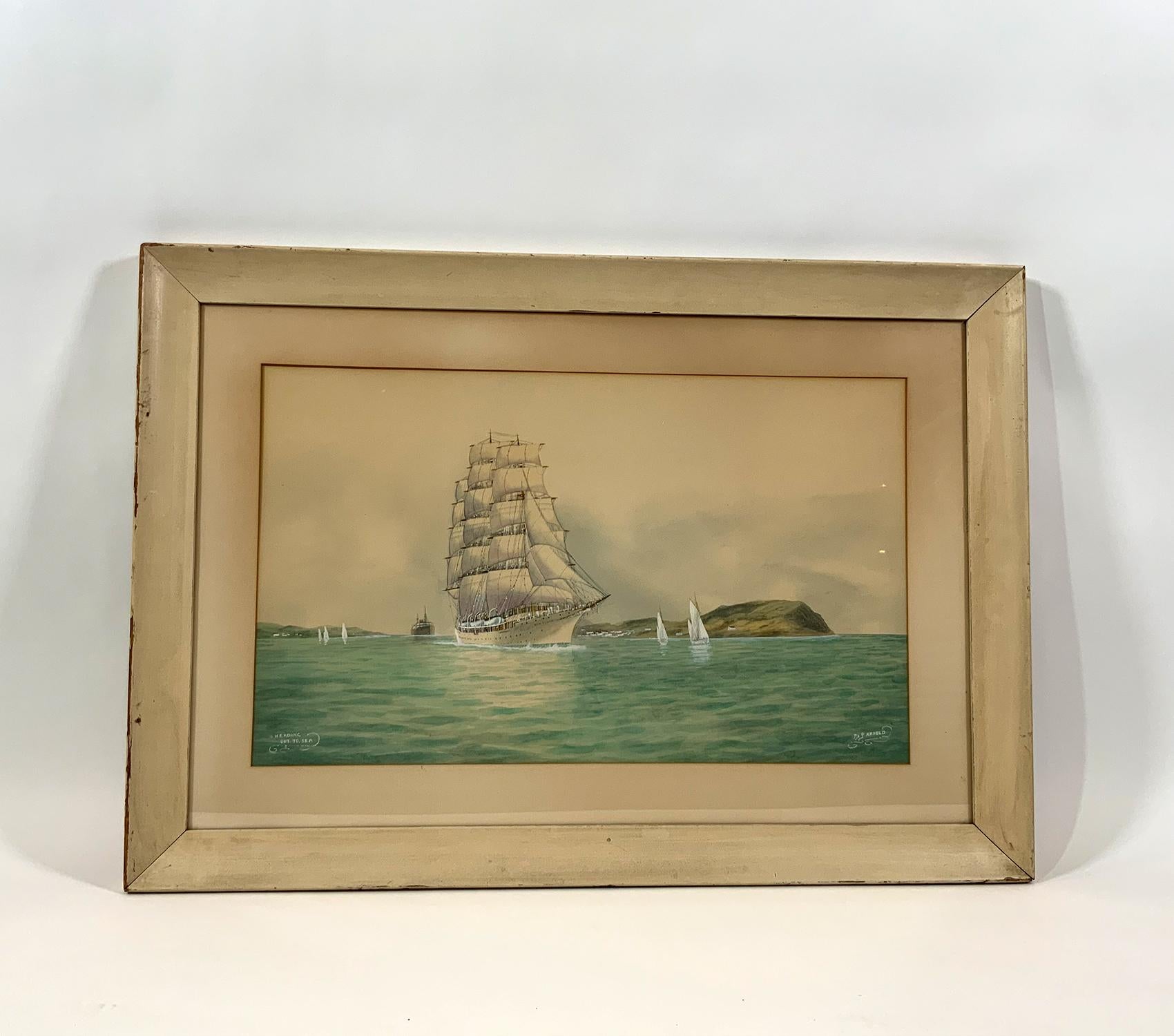 Marine watercolor by Jay Arnold titled “Heading out to Sea”. Shown is the large windjammer “Sea Cloud” under full sail leaving port. Sea Cloud was owned by Marjorie Merriweather Post and was built by Krupp in Germany, launching in 1931. The painting