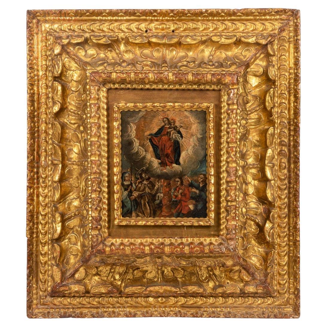Painting of the Virgin Mary Holding Baby Christ (Cusco, Peru) For Sale