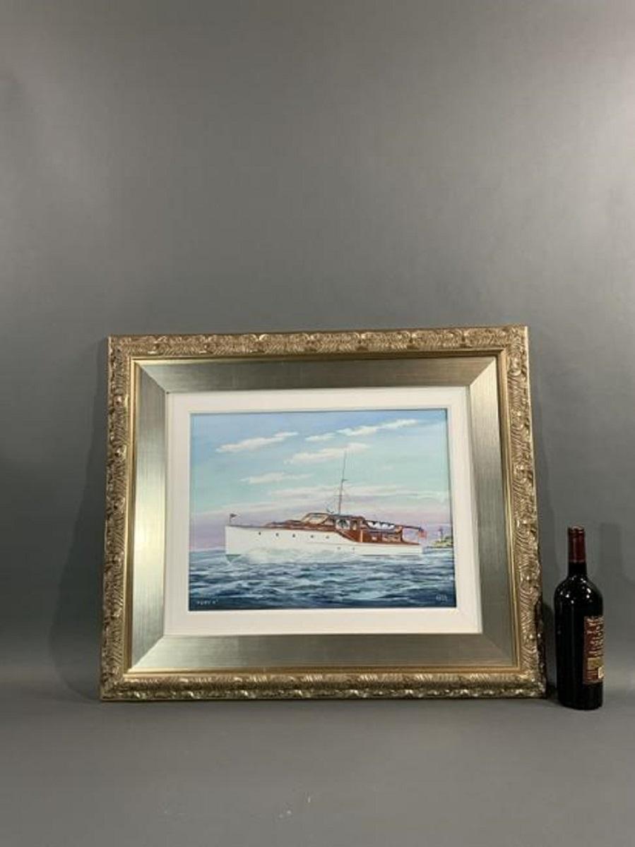 Awesome painting of a 1940's yacht flying a CYC burgee and US yacht ensign. Great looking vessel portrayed at a great angle.

Overall dimensions: Weight is 15 pounds. 27