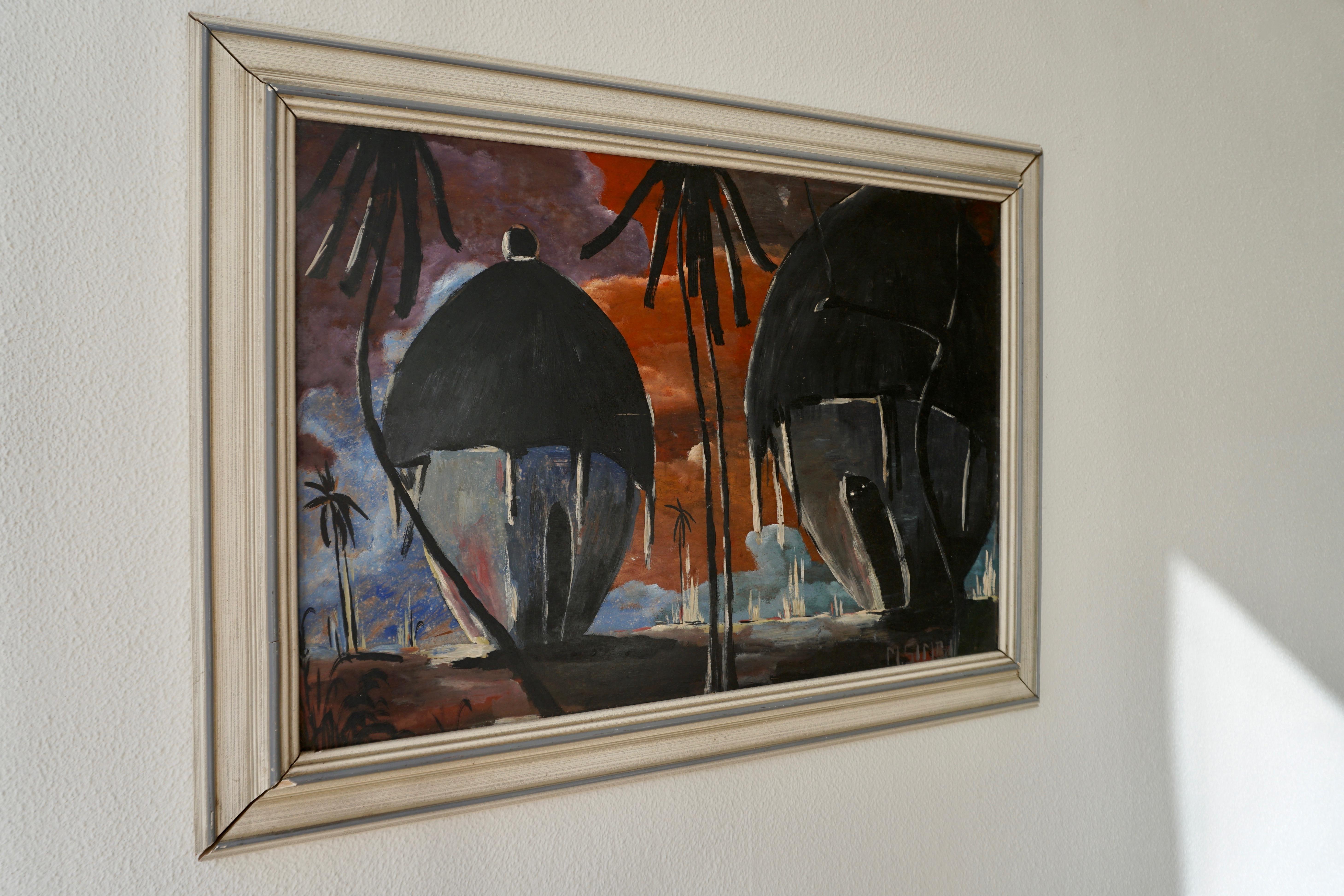 Mid-Century Modern Painting of Traditional Huts from Congo, Signed by M Simbi