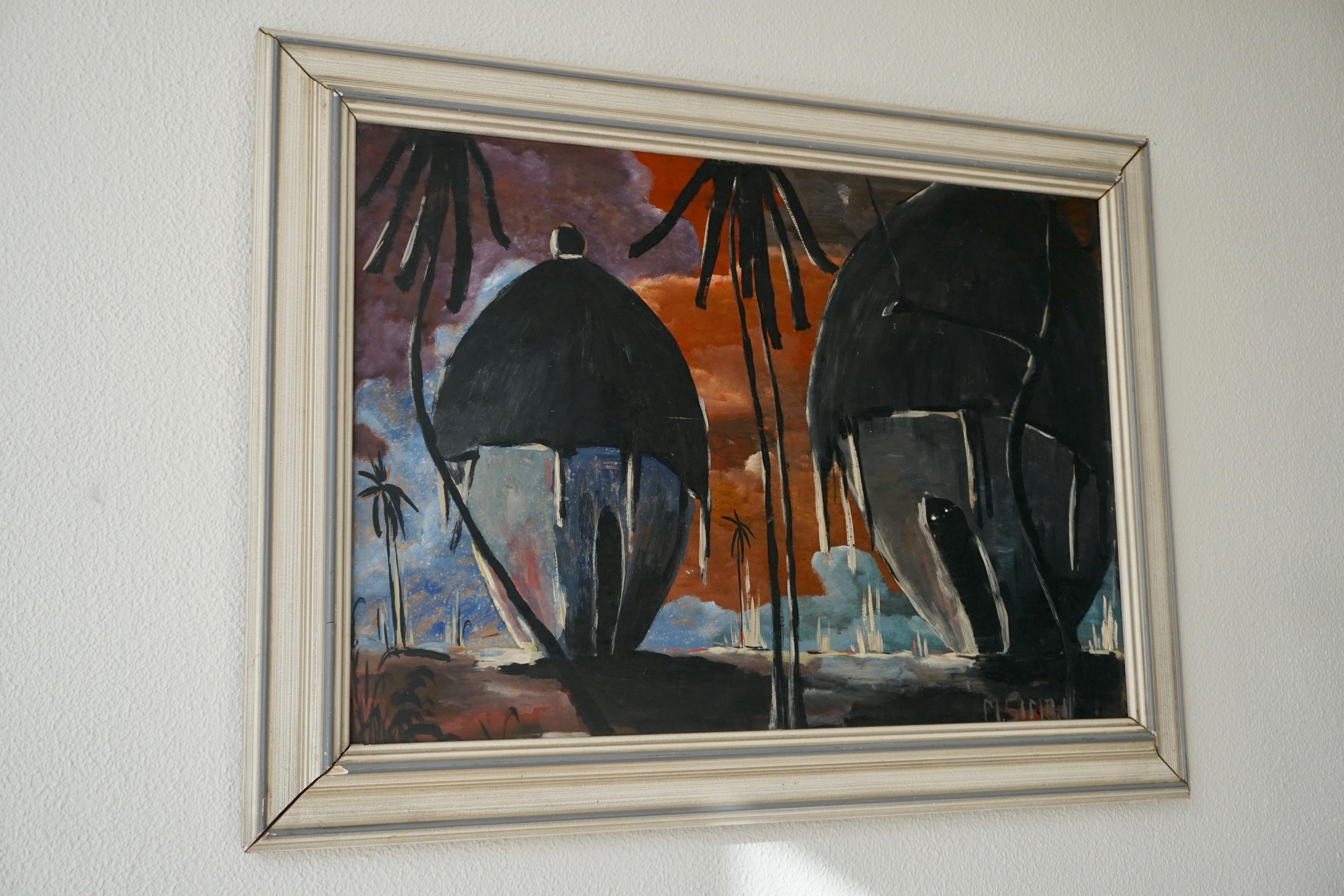 20th Century Painting of Traditional Huts from Congo, Signed by M Simbi