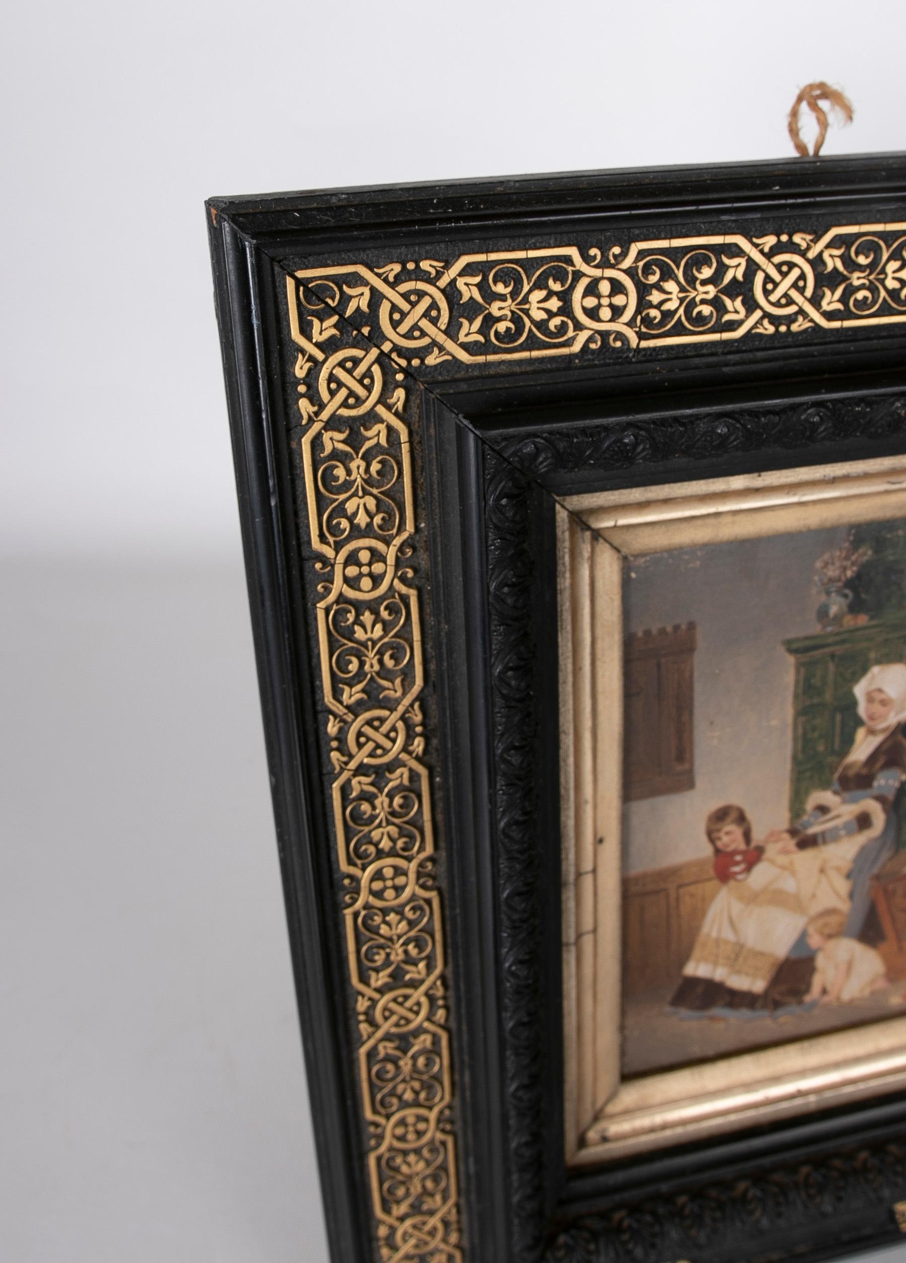 Gemälde einer traditionellen Szene, gemalt auf Karton mit antikem Rahmen (Niederländisch) im Angebot