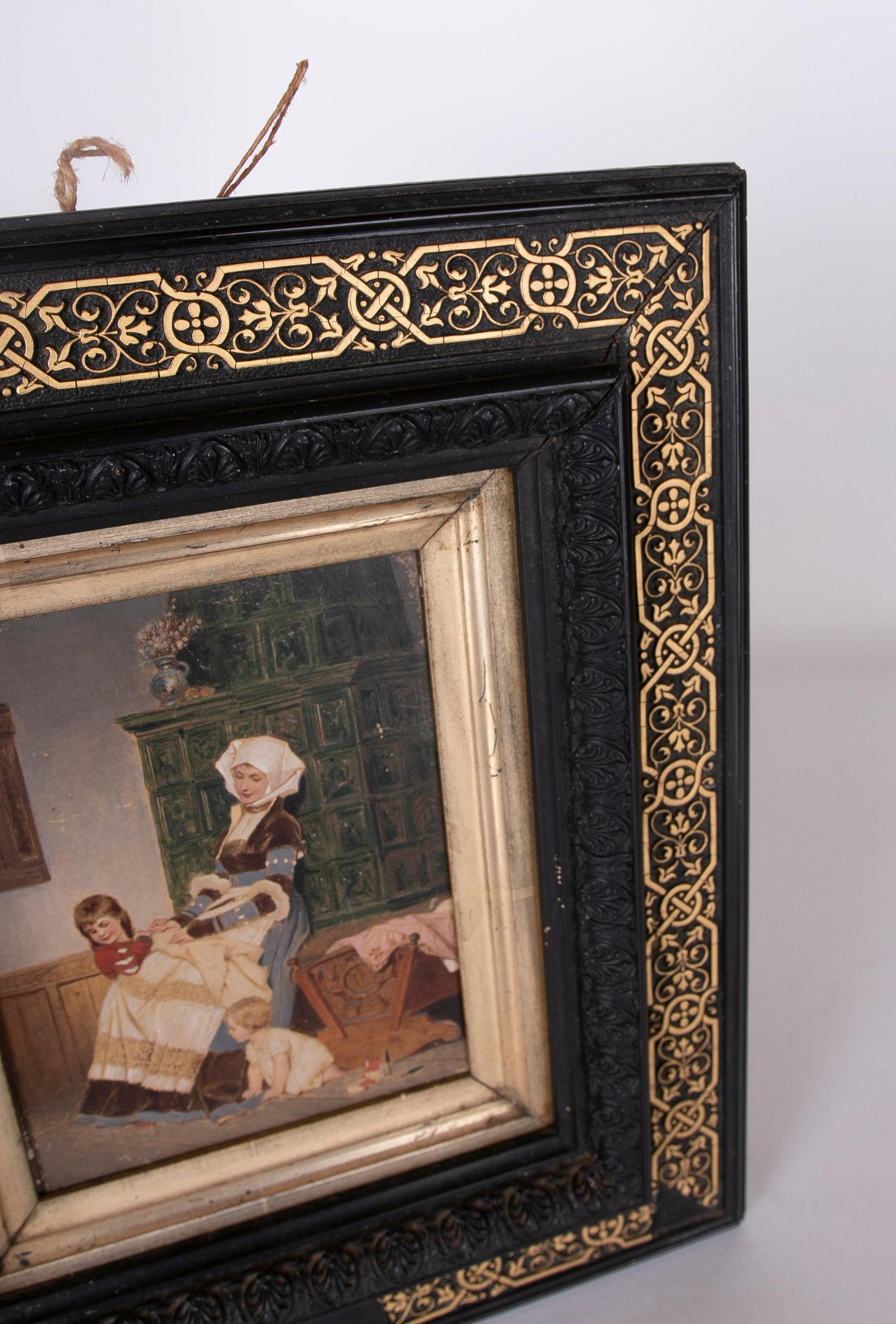 Gemälde einer traditionellen Szene, gemalt auf Karton mit antikem Rahmen im Zustand „Gut“ im Angebot in Marbella, ES