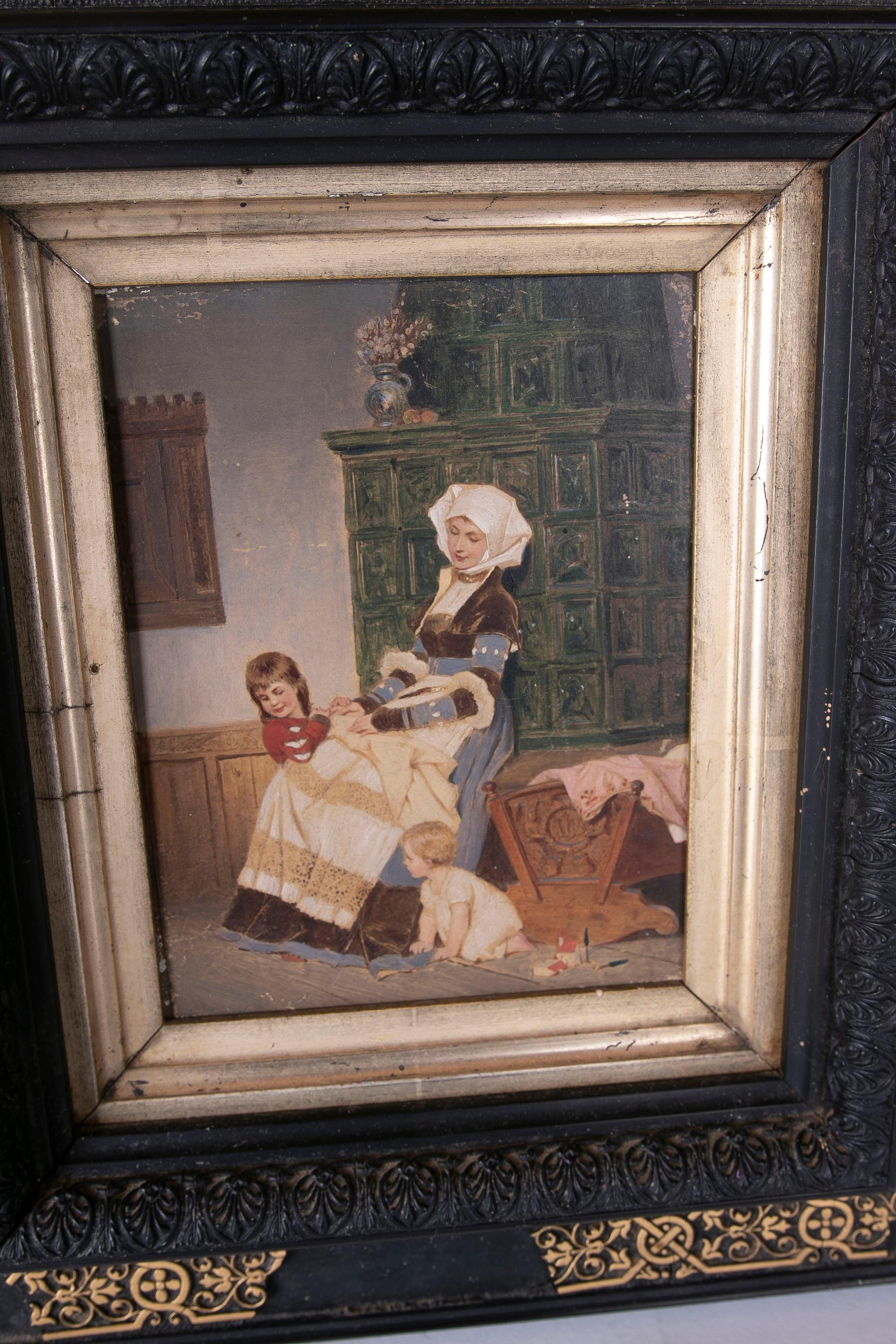 19th Century Painting of Traditional Scene Painted on Board with Antique Frame For Sale