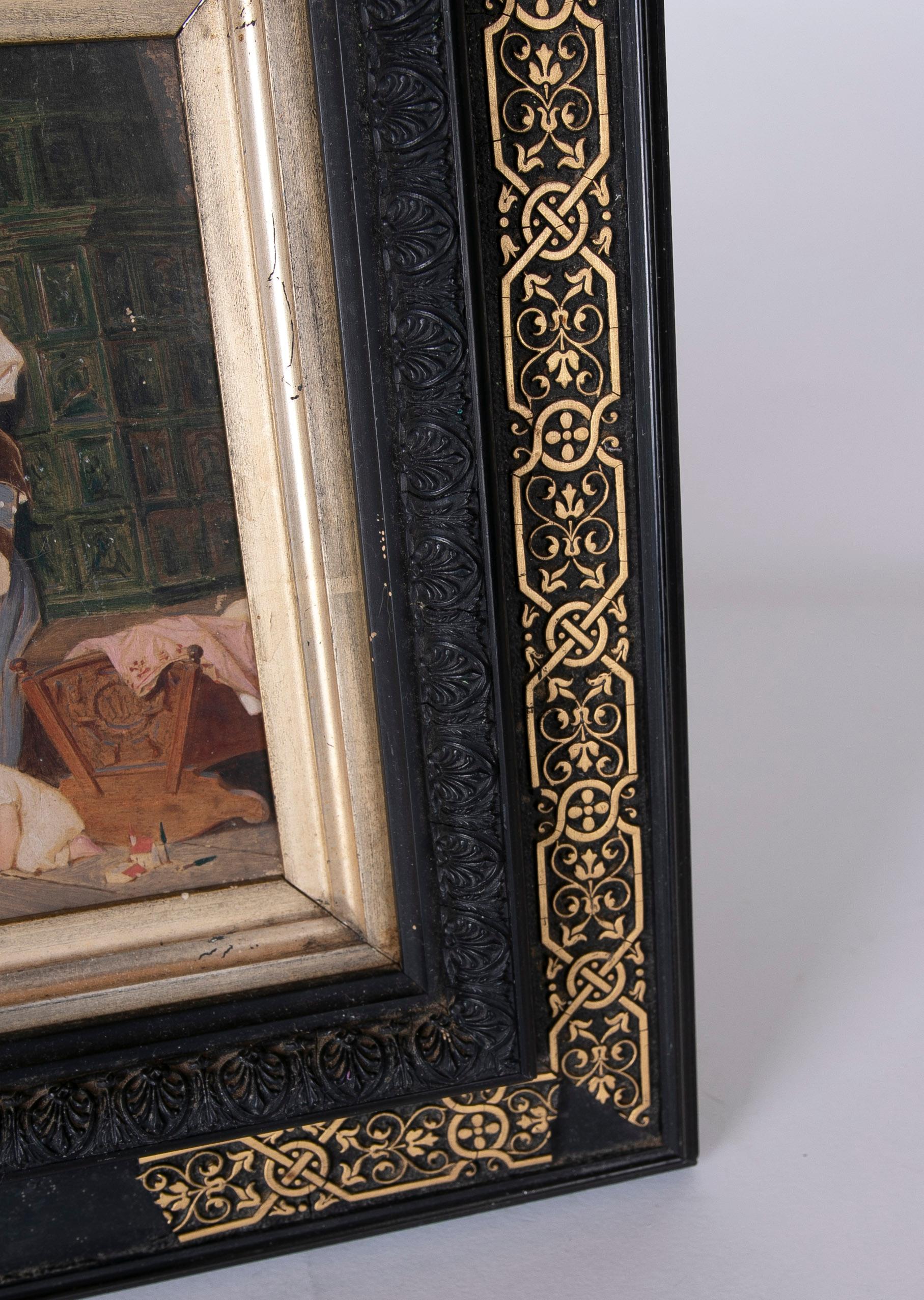 Wood Painting of Traditional Scene Painted on Board with Antique Frame For Sale