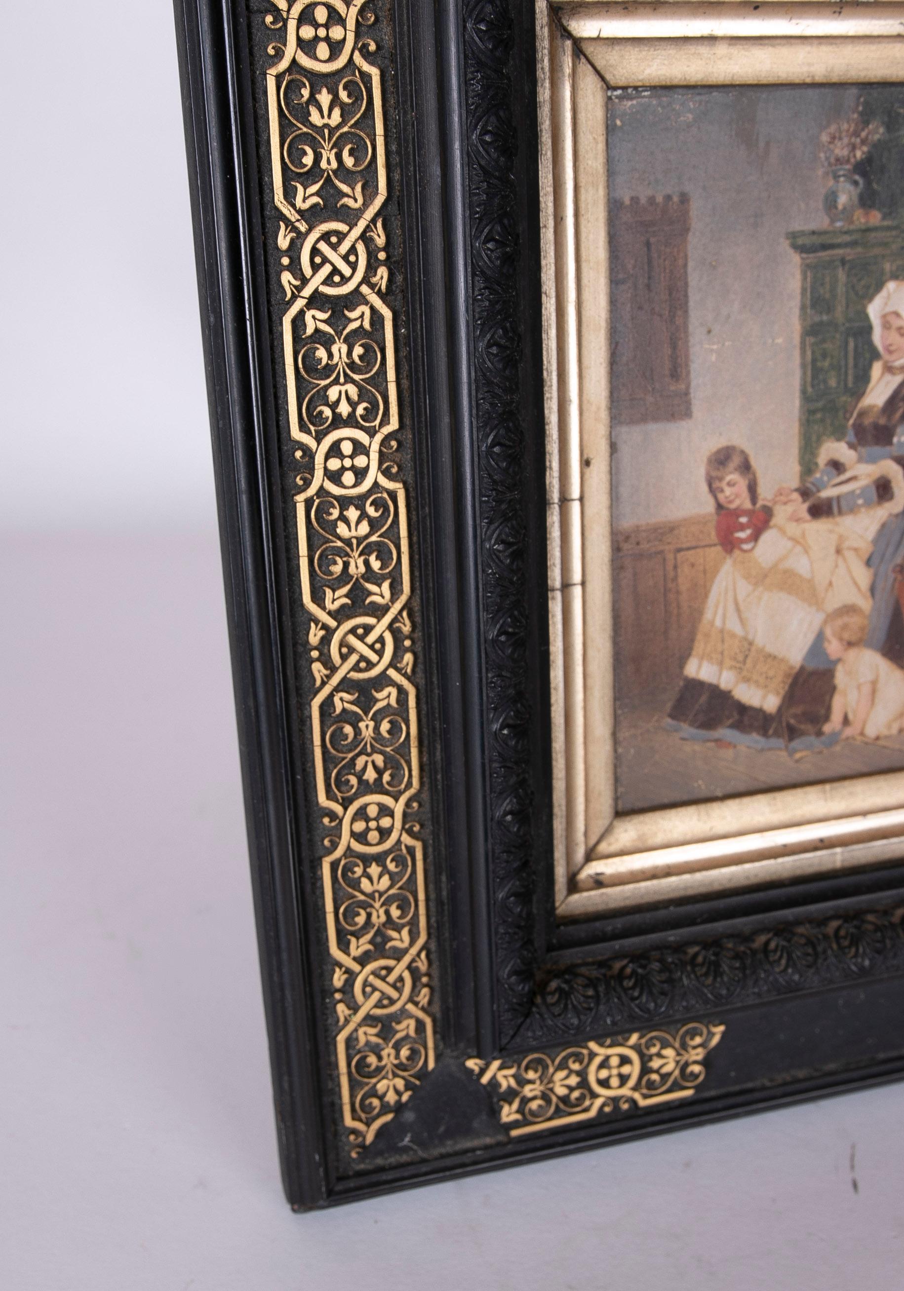 Painting of Traditional Scene Painted on Board with Antique Frame For Sale 1