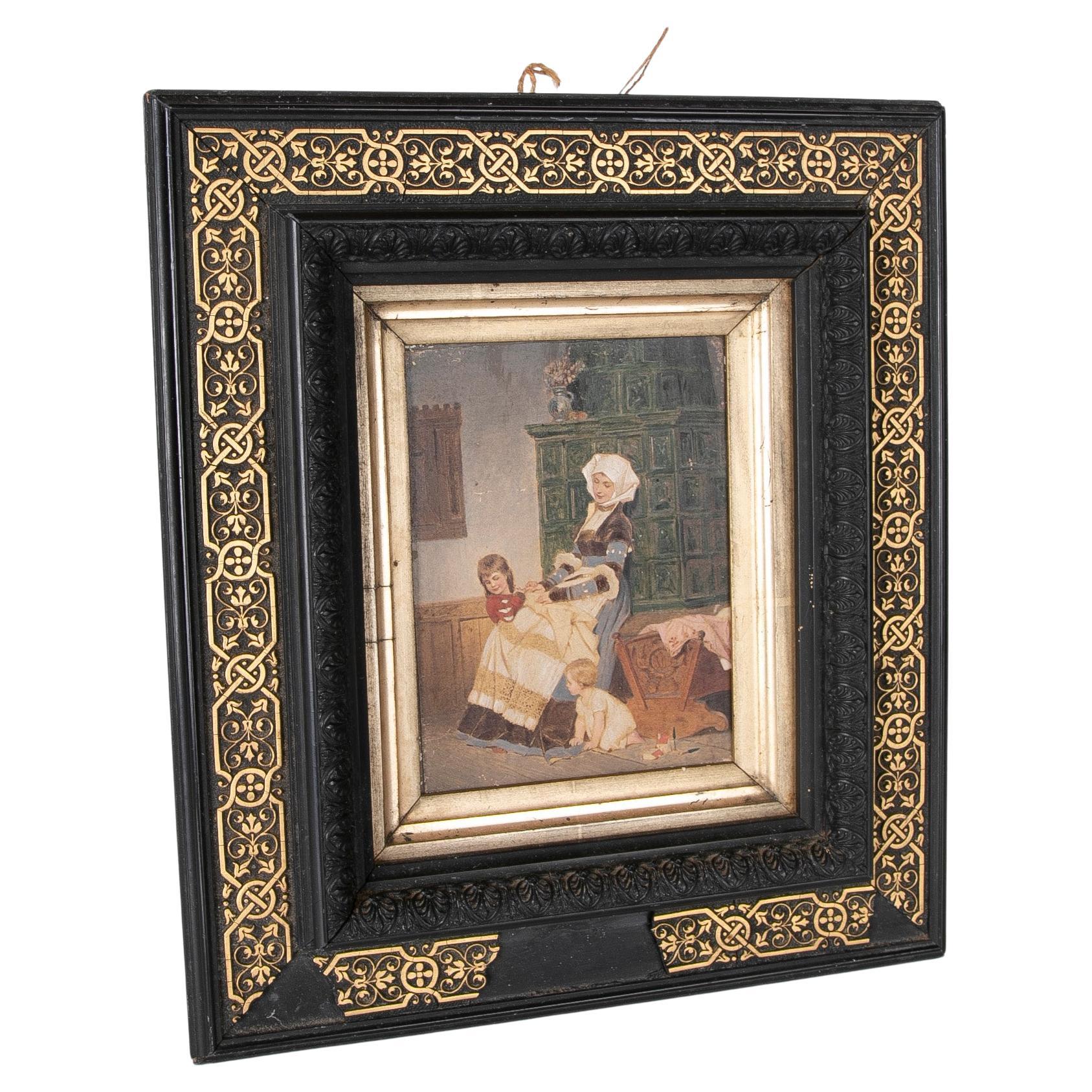 Painting of Traditional Scene Painted on Board with Antique Frame For Sale