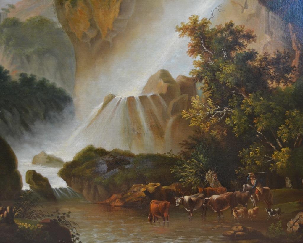 Painted Painting of Travellers at Tivoli Falls Outside Rome After Claude Joseph Vernet For Sale