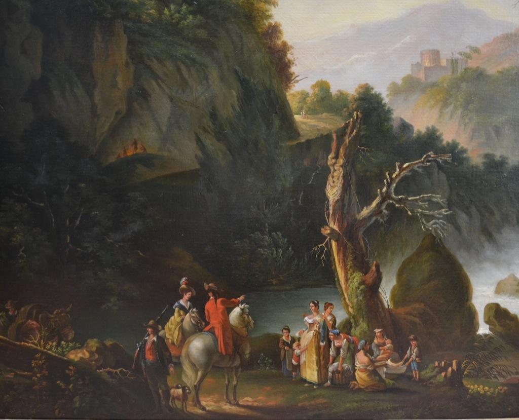 Painting of Travellers at Tivoli Falls Outside Rome After Claude Joseph Vernet In Good Condition For Sale In Vancouver, British Columbia