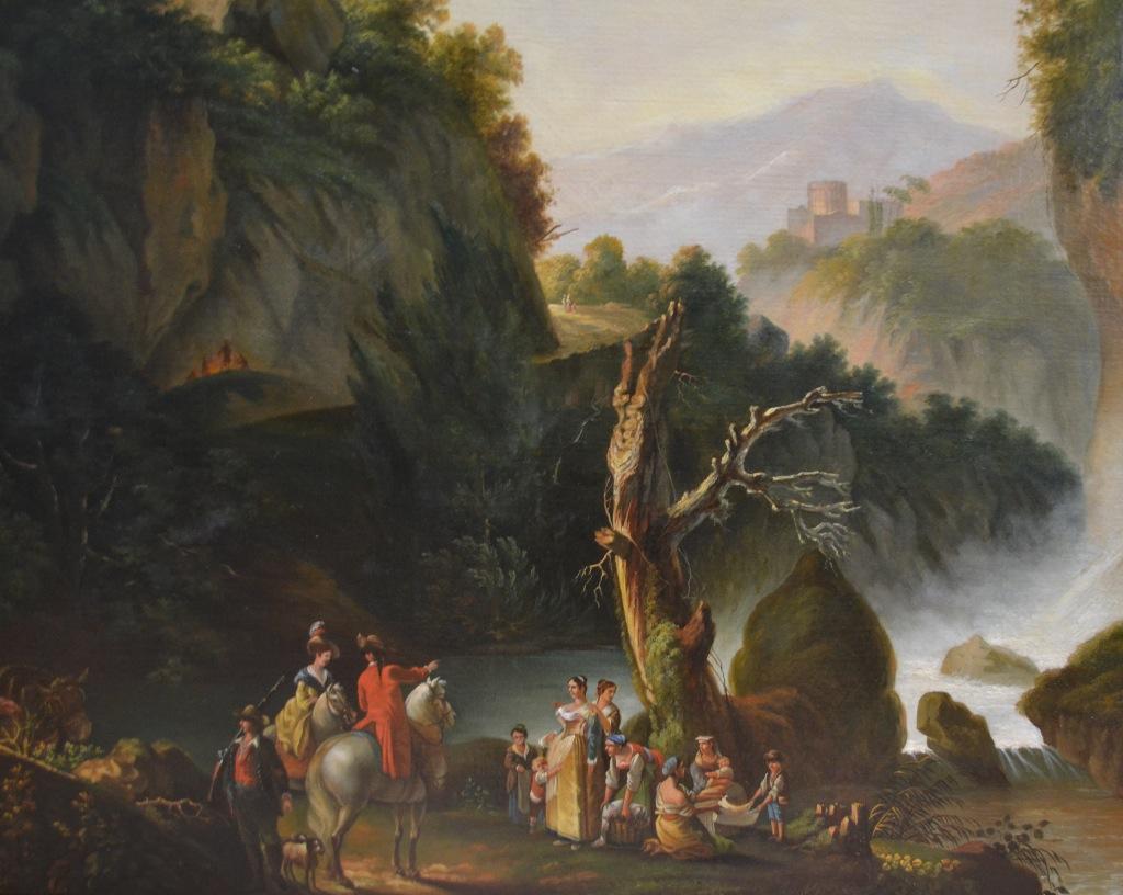 19th Century Painting of Travellers at Tivoli Falls Outside Rome After Claude Joseph Vernet For Sale