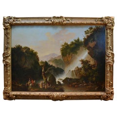 Antique Painting of Travellers at Tivoli Falls Outside Rome After Claude Joseph Vernet