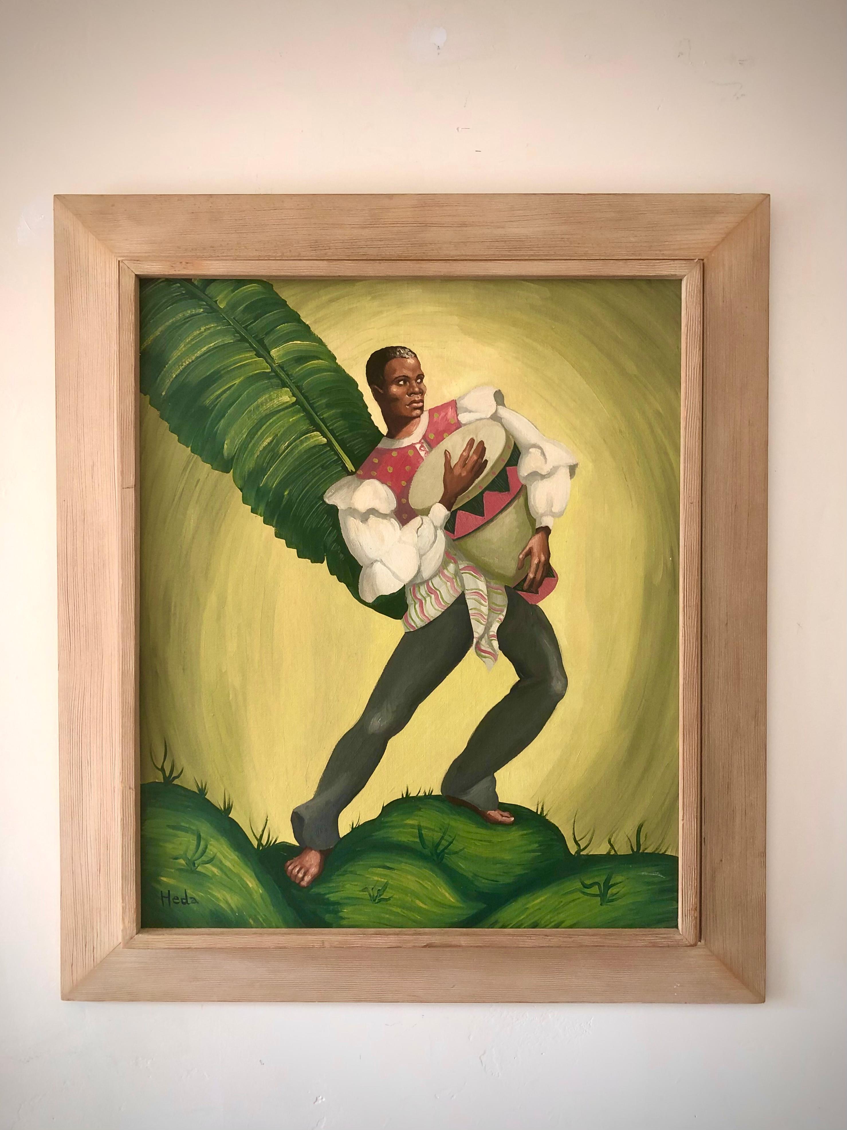 Whimsical paintings by Heda of a male and female Haitian dancer each wonderfully framed in unique vintage wooden frames.
