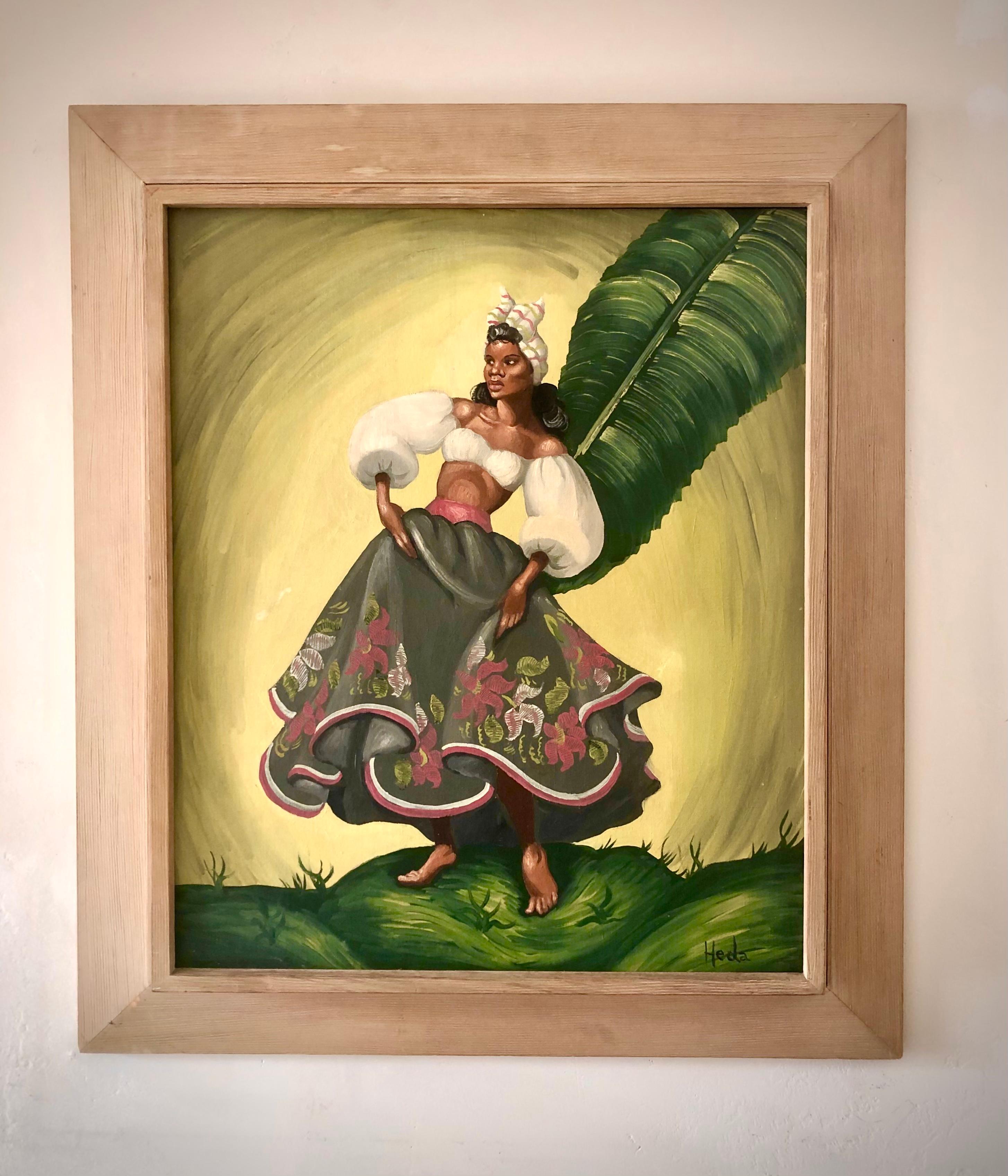 Folk Art Painting of tropical Dancers signed: Heda, 1960s