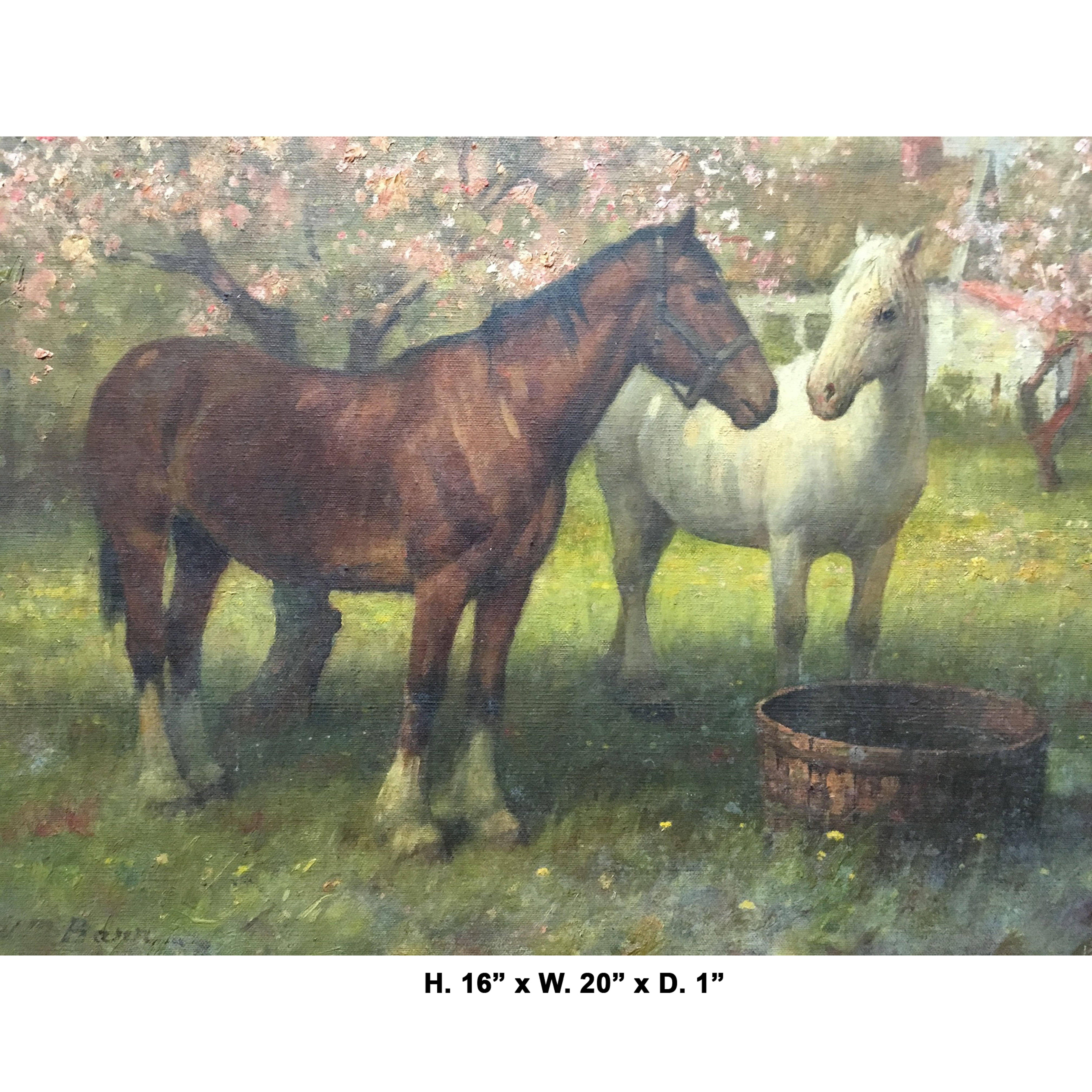 Beautiful oil on canvas painting of two horses in a field in front of a water basin.
Signed W. Barr possibly is William Barr (1867-1933, Scotland).
Late 19th-early 20th century
Overall dimensions: H. 16