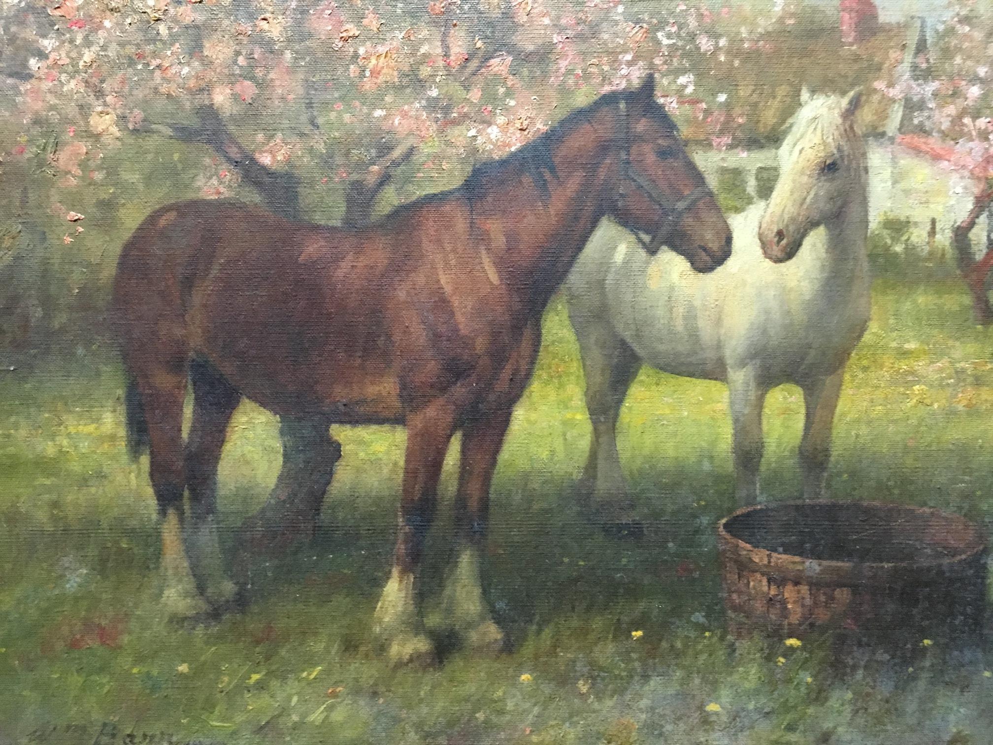 Hand-Painted Painting of Two Horses in a Field, Oil on Canvas For Sale