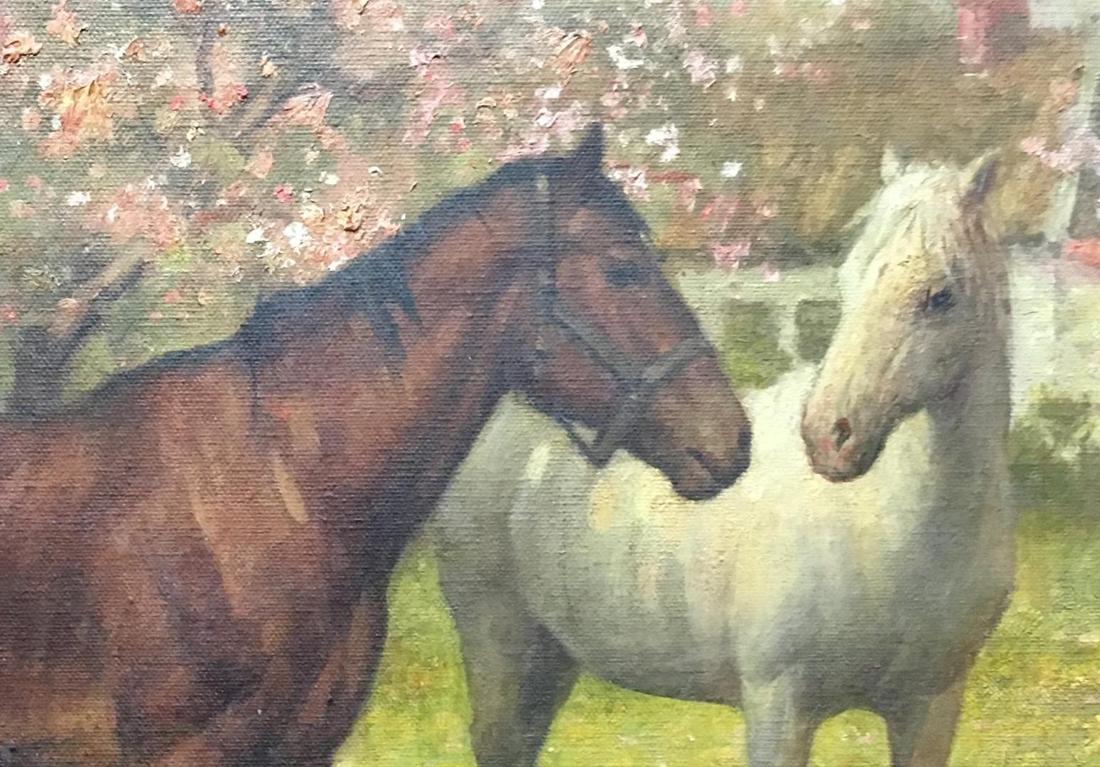 Painting of Two Horses in a Field, Oil on Canvas In Good Condition For Sale In Cypress, CA