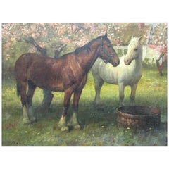 Vintage Painting of Two Horses in a Field, Oil on Canvas