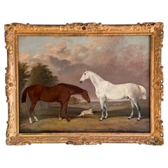 Painting of Two Horses with Dog in Landscape, British, 1863, Bretland