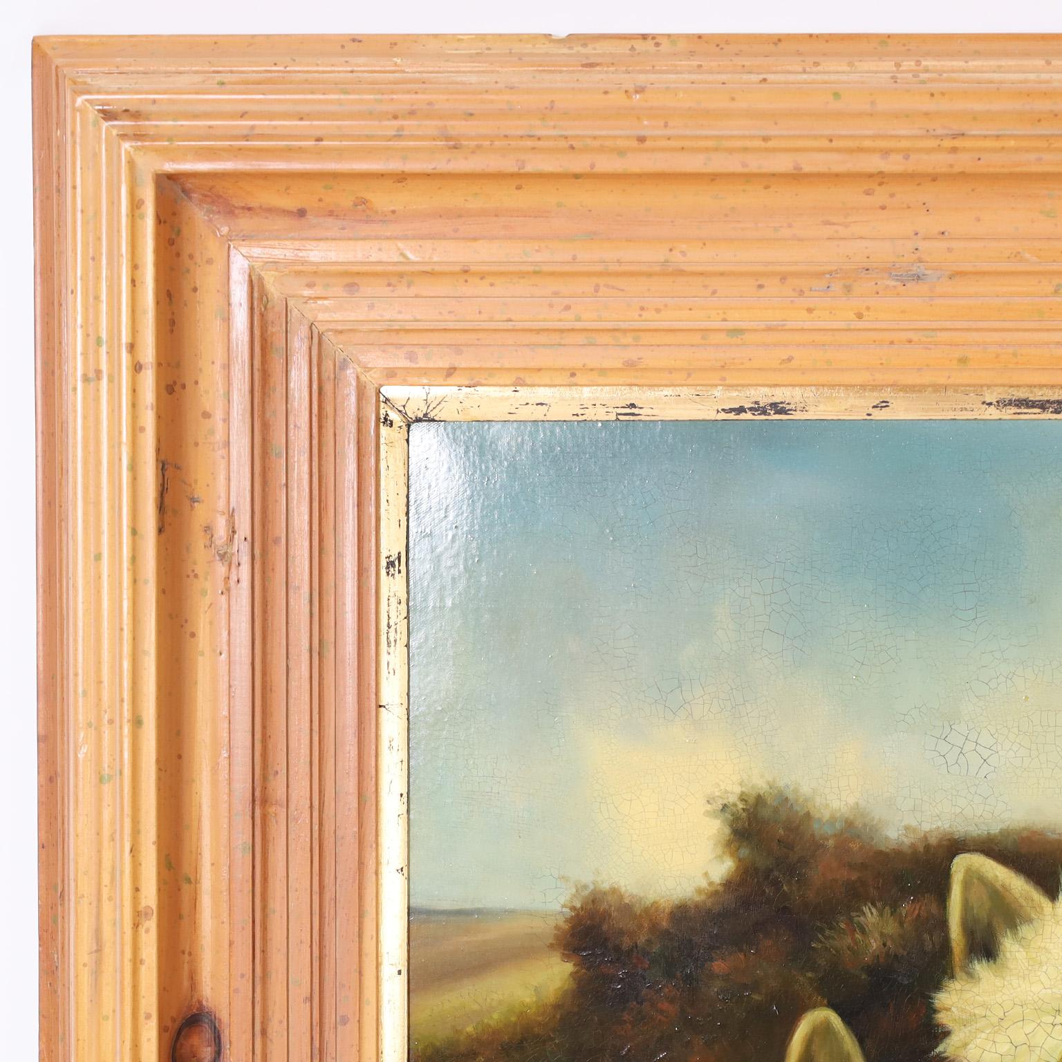 Portrait of two West Highland Terriers or Westies in a Scottish landscape. Signed Weston in the lower right and presented in an impressive pine frame.