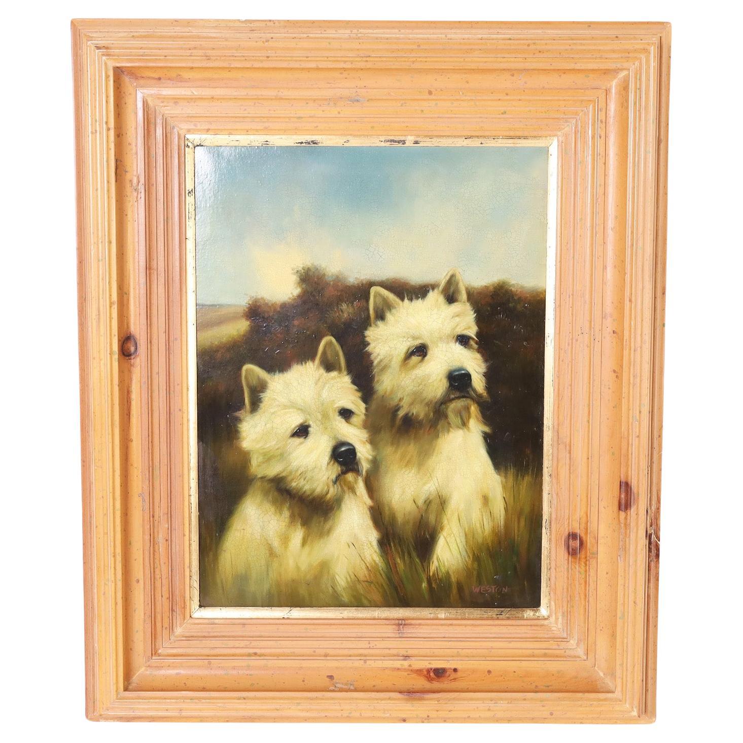 Peinture de deux terriers de Westie dans un paysage