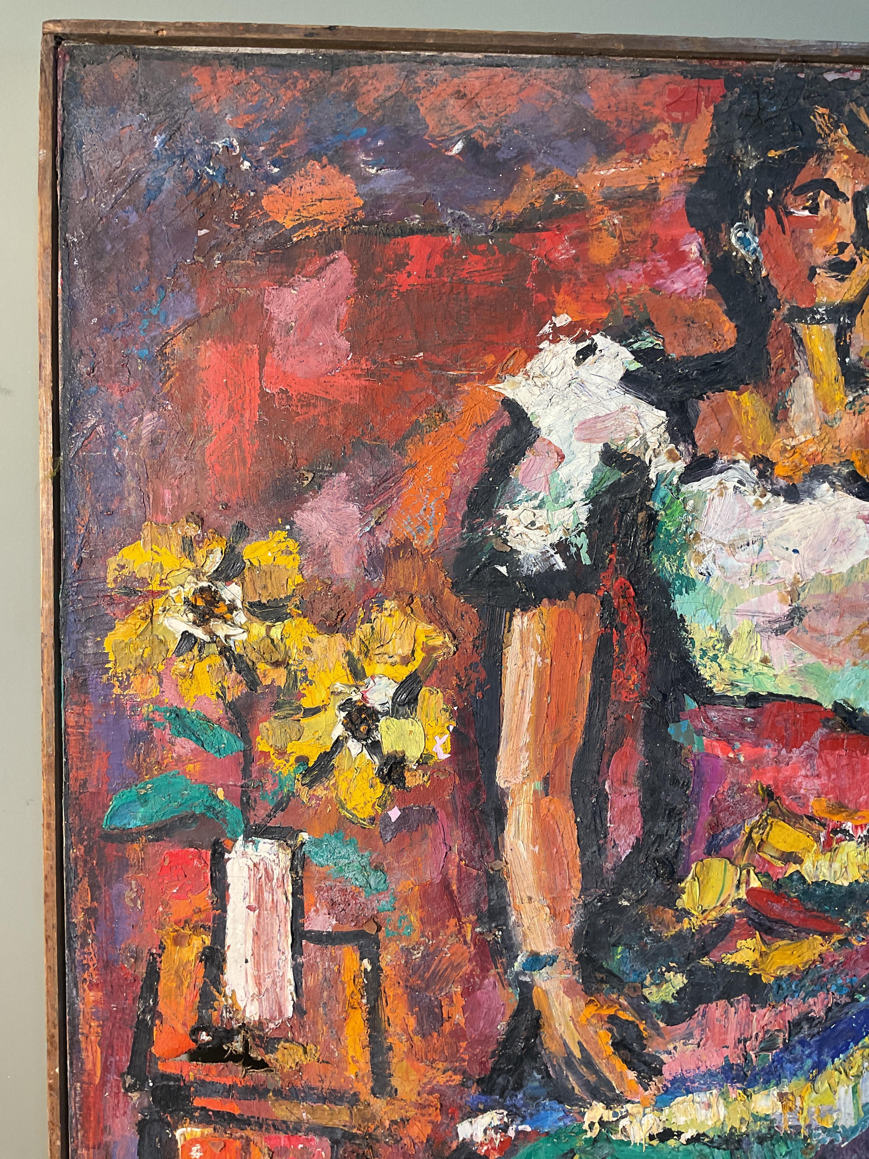 Painting of a woman in a white blouse and colorful skirt
Beautiful vibrant coloration
Damaged in a couple of areas but not very noticeable 
Signed 