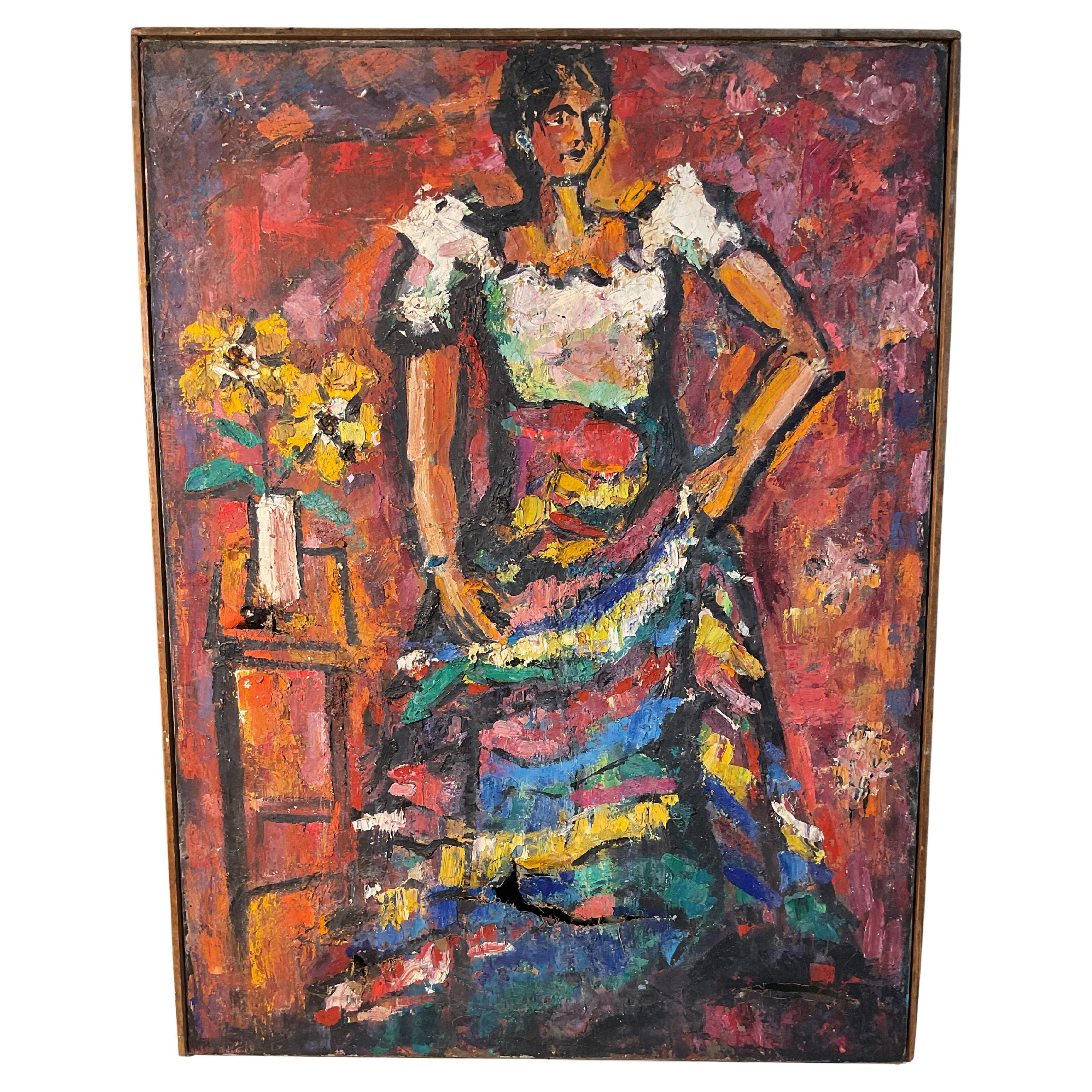 Painting of Woman in Colorful Skirt For Sale