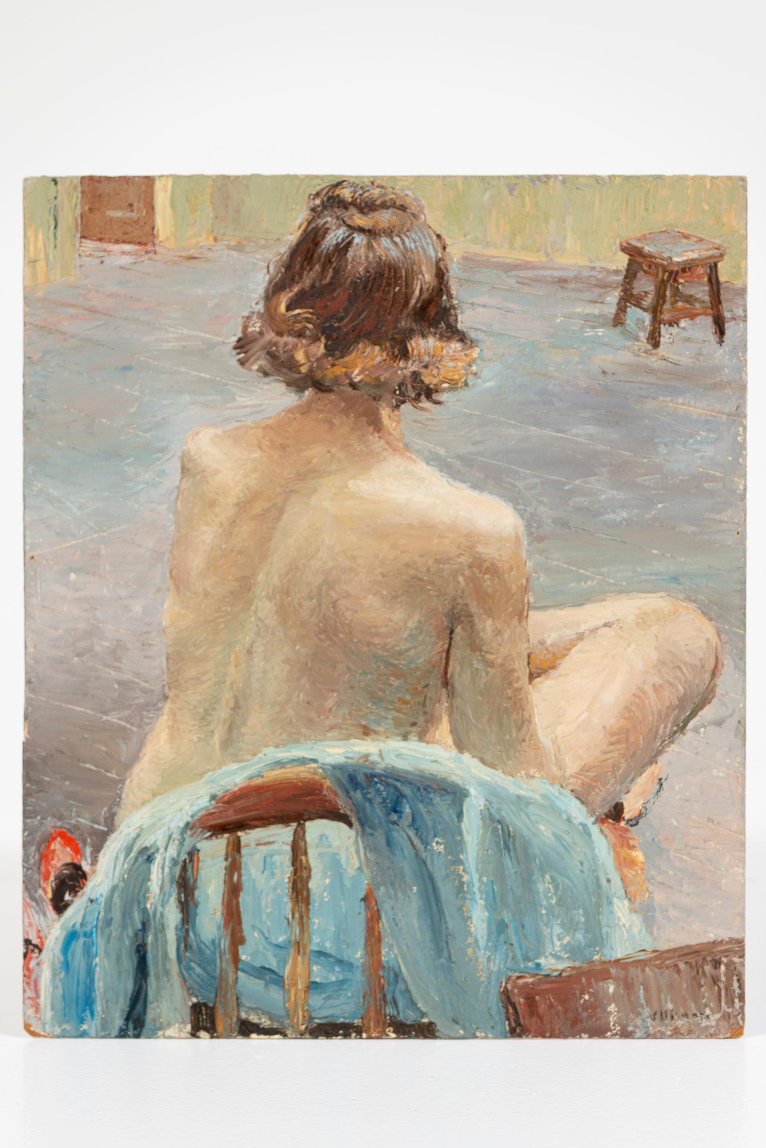 Sweet painting of a woman sitting on a chair, oil on woodpanel, unframed. Found art. Perfect contemplative portrait to place in a bath, boudoir or vanity or wherever you design leads you! The name 