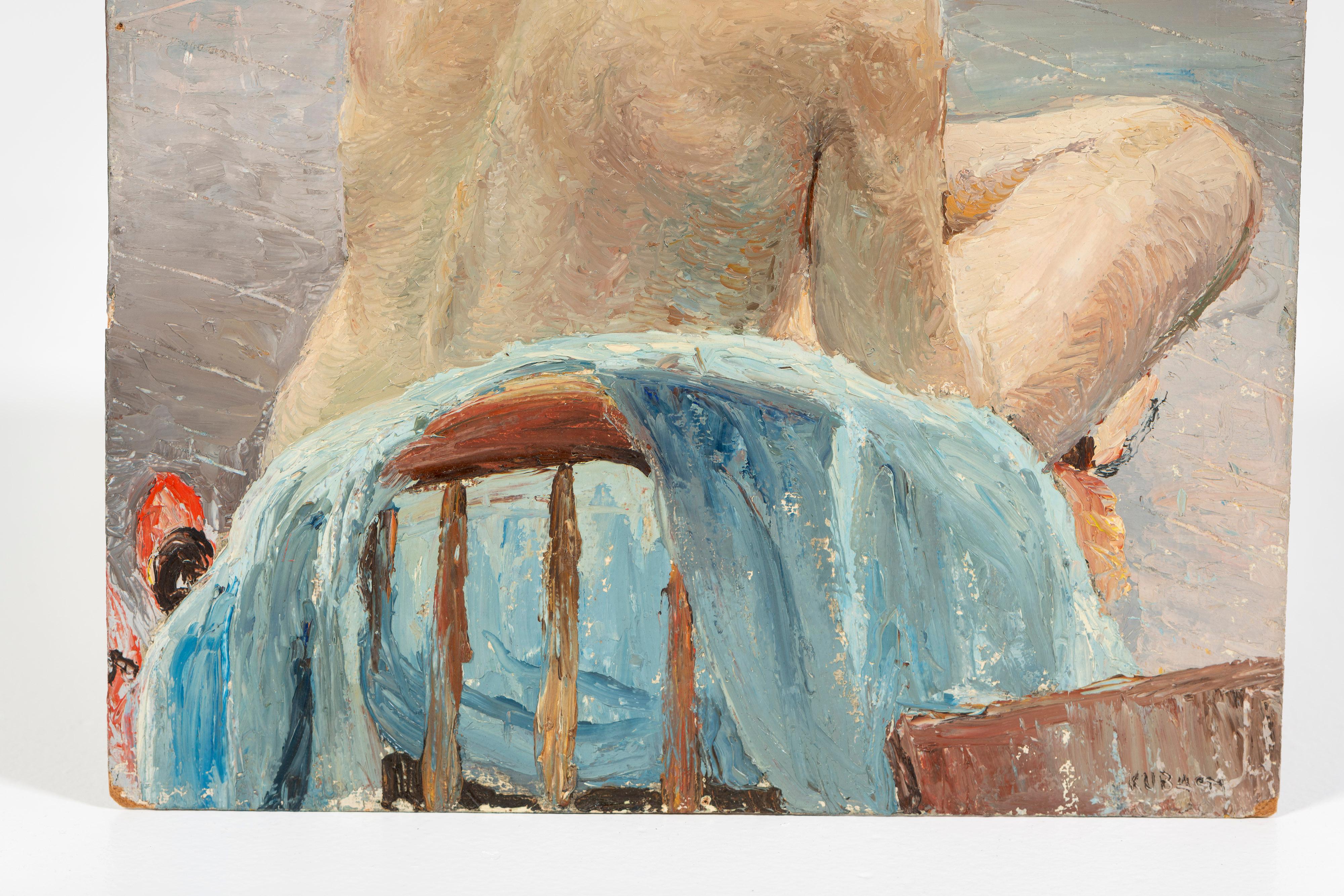 Hand-Painted Painting of Woman on Chair, Oil on Panel, Unframed, Artist Unknown, US For Sale
