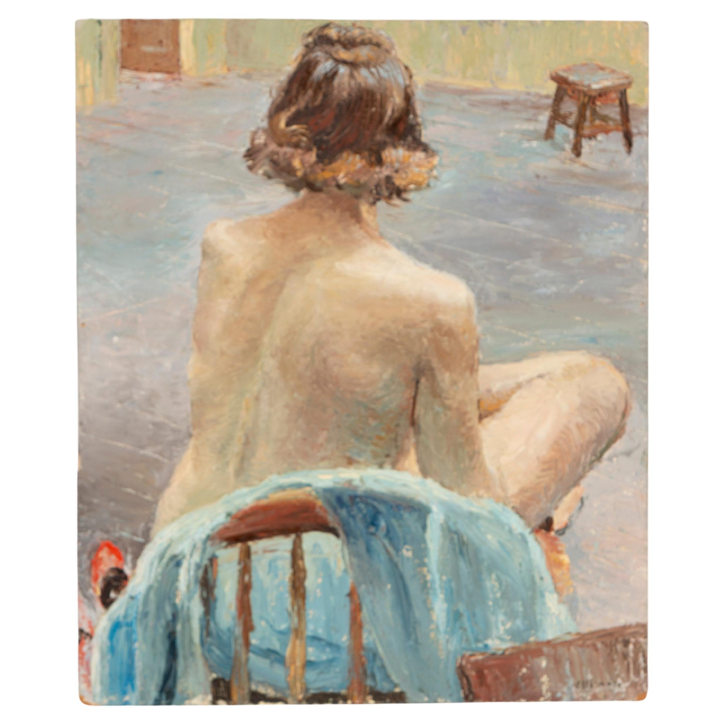 Painting of Woman on Chair, Oil on Panel, Unframed, Artist Unknown, US