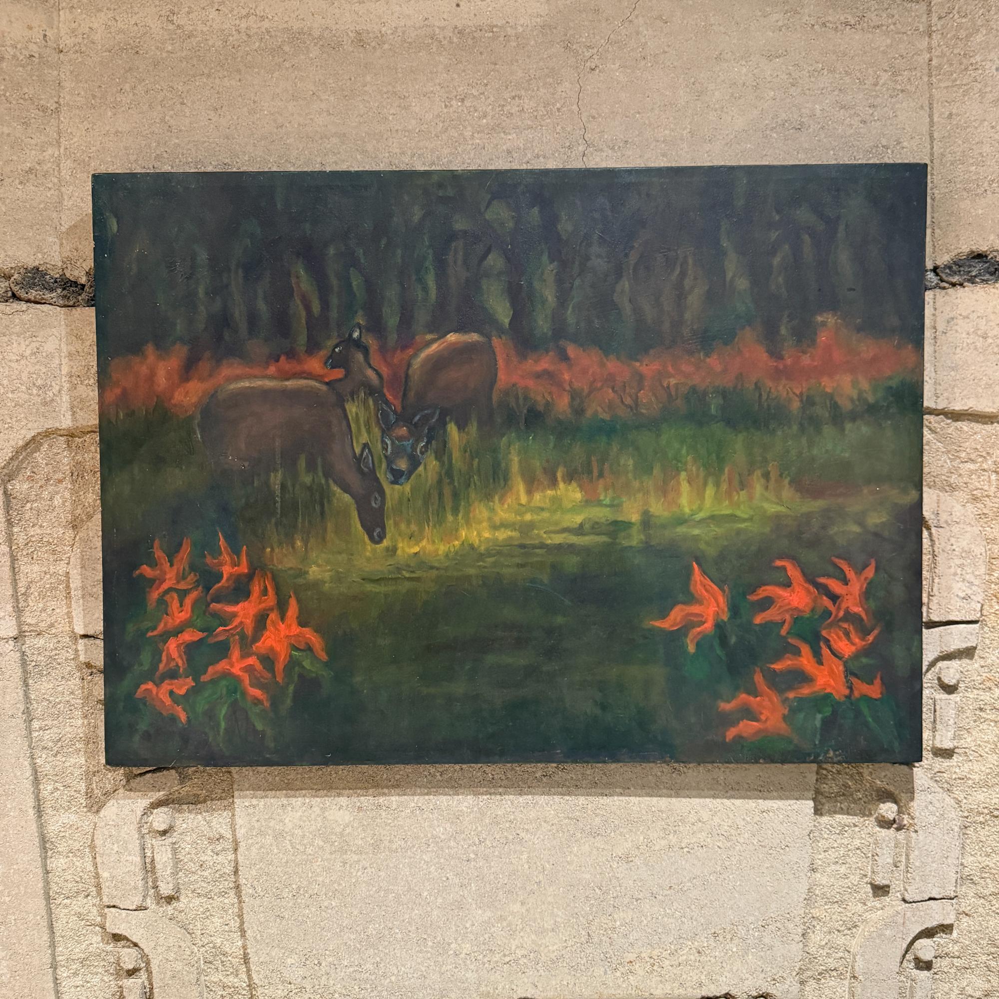 Für Ihre Betrachtung, ein Vintage-Gemälde Öl auf Leinwand von Marjorie Weaver. Volkskunst Landschaft Stillleben.

Abmessungen: 1,5