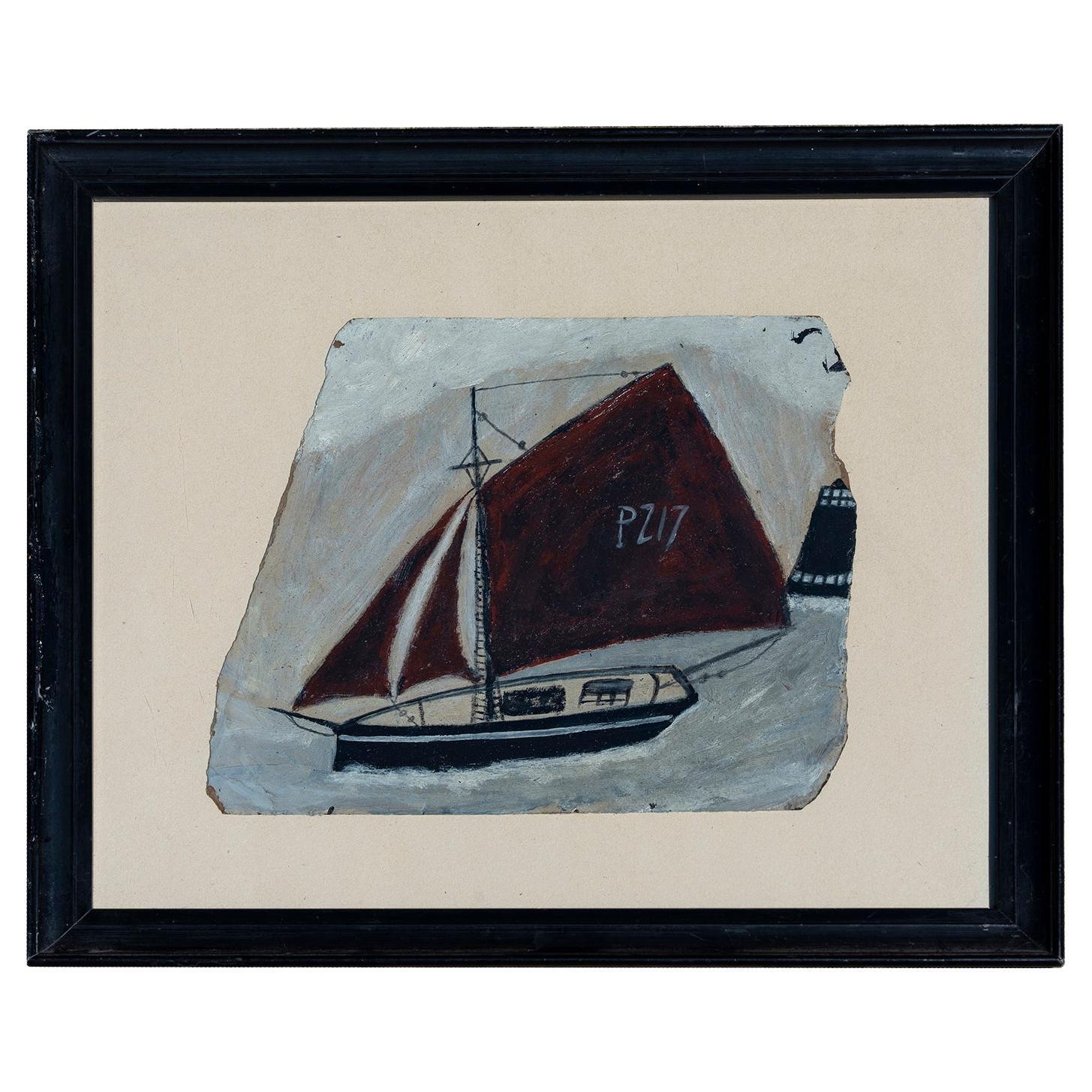 Painting Oil Naive Cutter Boat Spirit Alfred Wallis Oil Length 40cm 16" For Sale