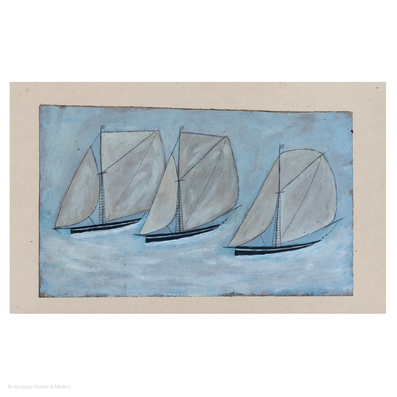 Mid-Century Modern Painting Oil Naive Three Sloops Spirit of Alfred Wallis Framed Blue White Black For Sale