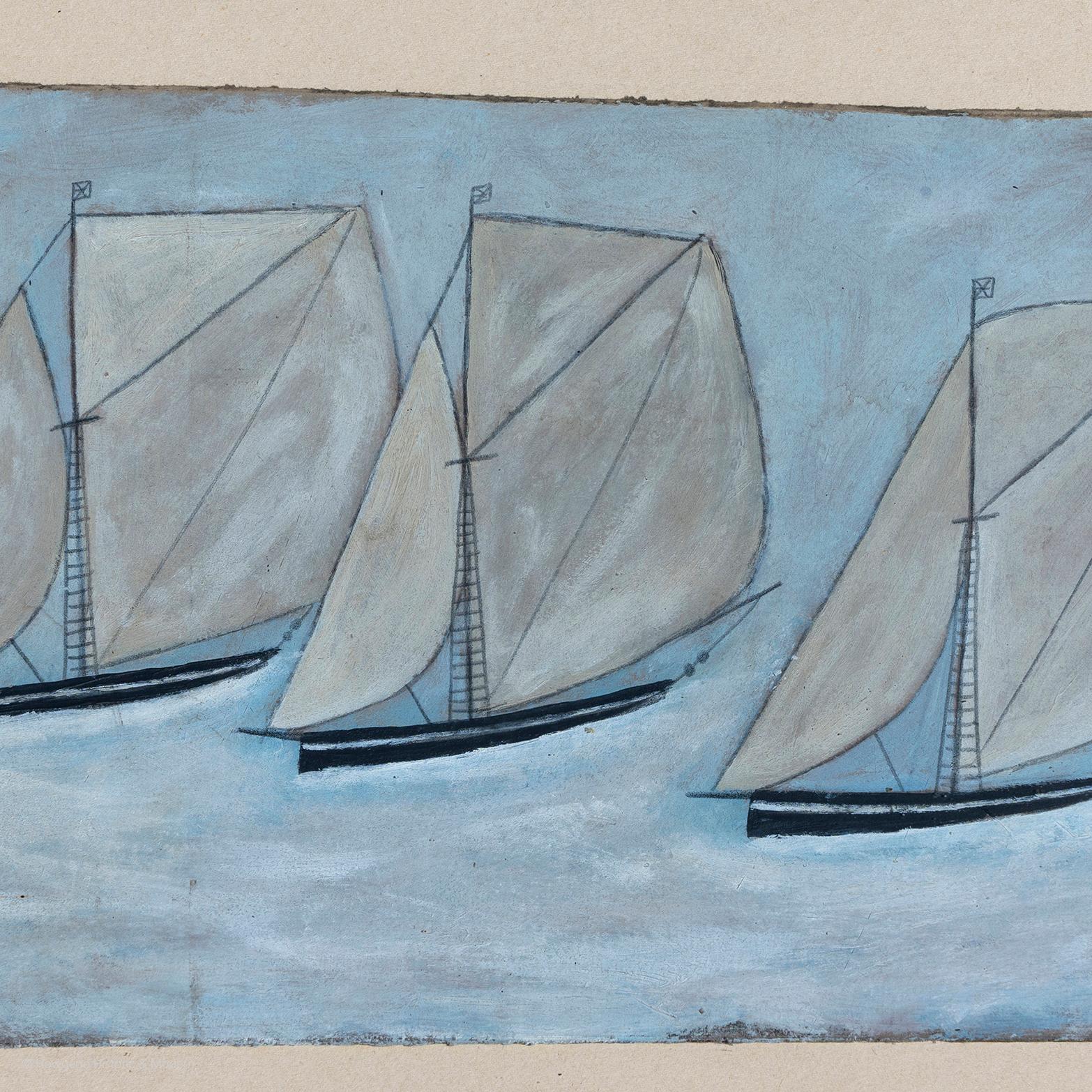 English Painting Oil Naive Three Sloops Spirit of Alfred Wallis Framed Blue White Black For Sale